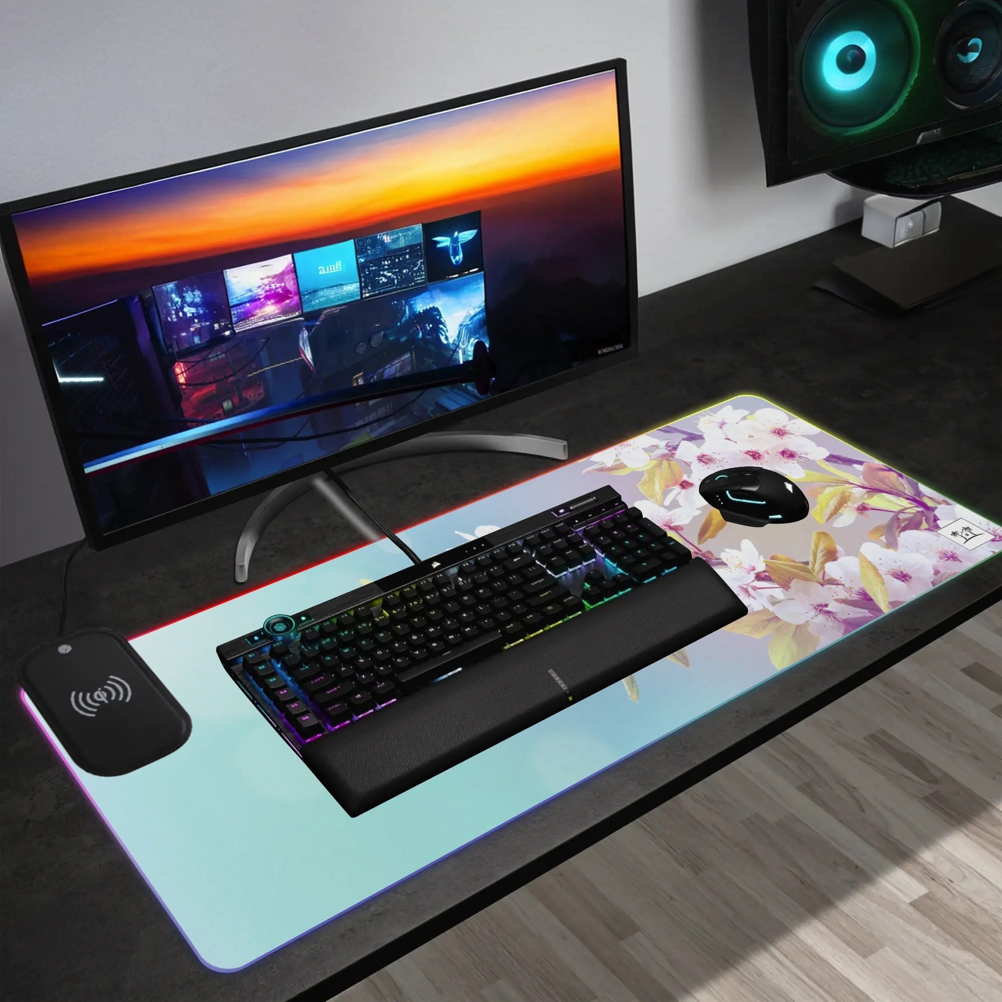 Wireless Charging Neoprene Gaming Desk Pad - Blossoms