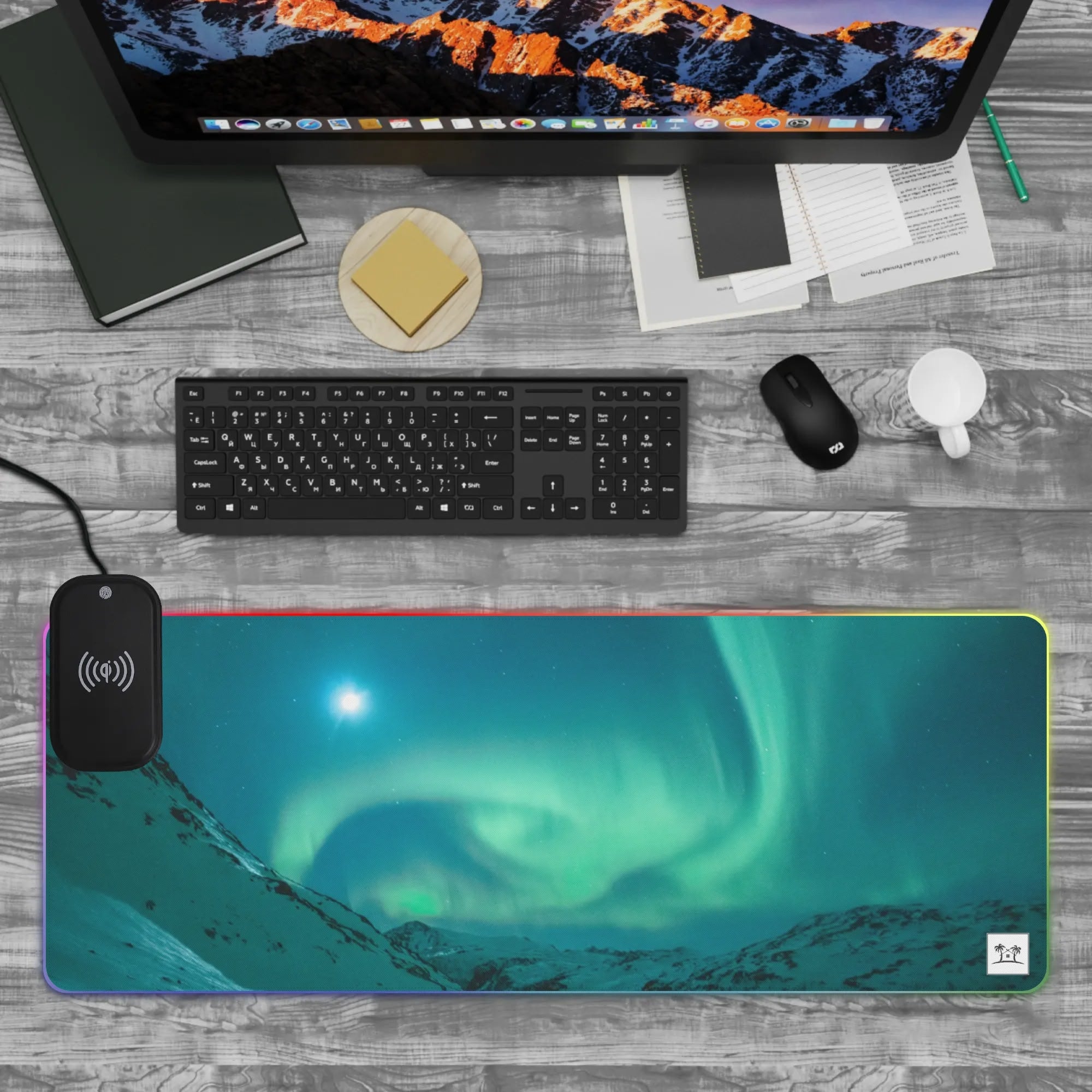 Wireless Charging Neoprene Gaming Desk Pad - Borealis