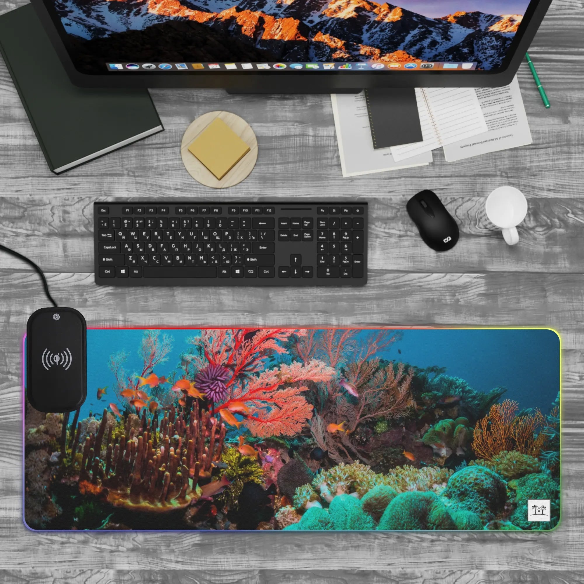 Wireless Charging Neoprene Gaming Desk Pad - Coral