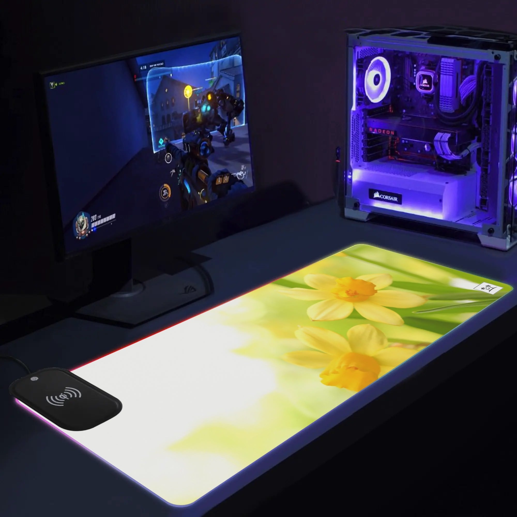 Wireless Charging Neoprene Gaming Desk Pad - Daffodils