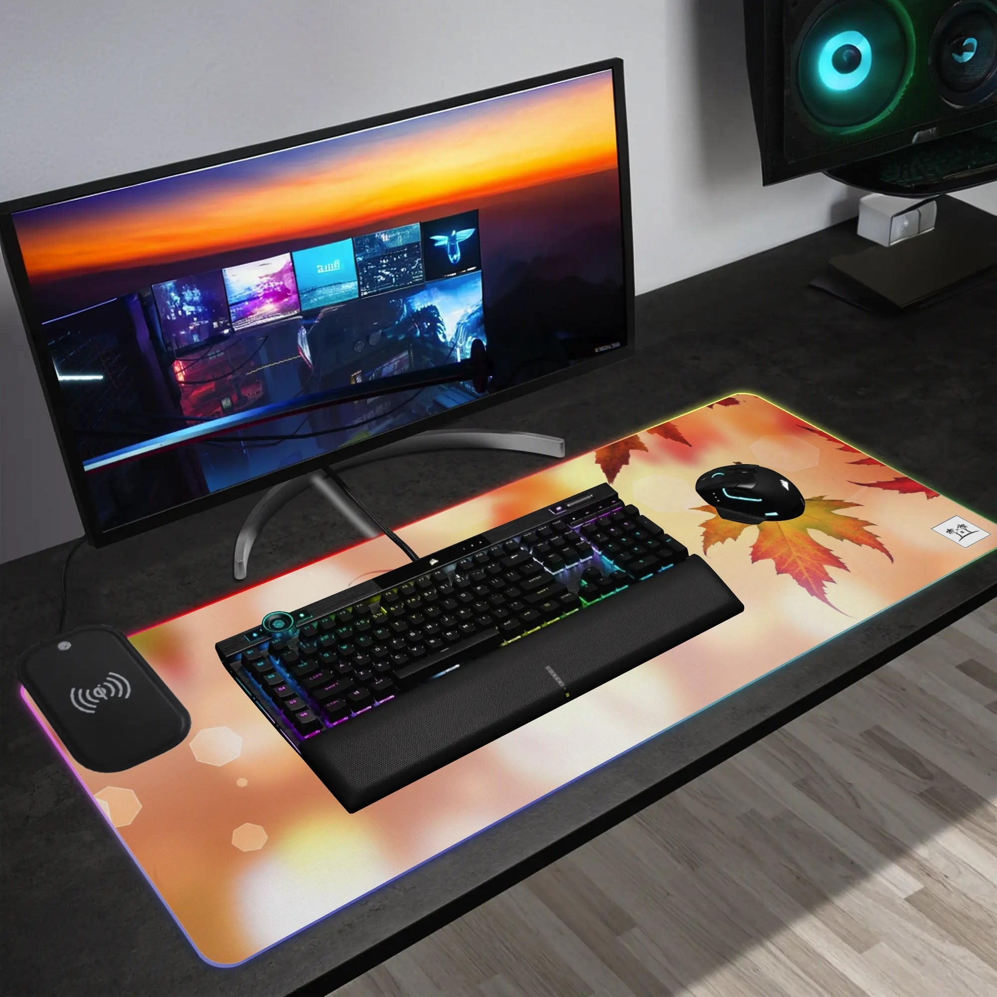 Wireless Charging Neoprene Gaming Desk Pad - Fall