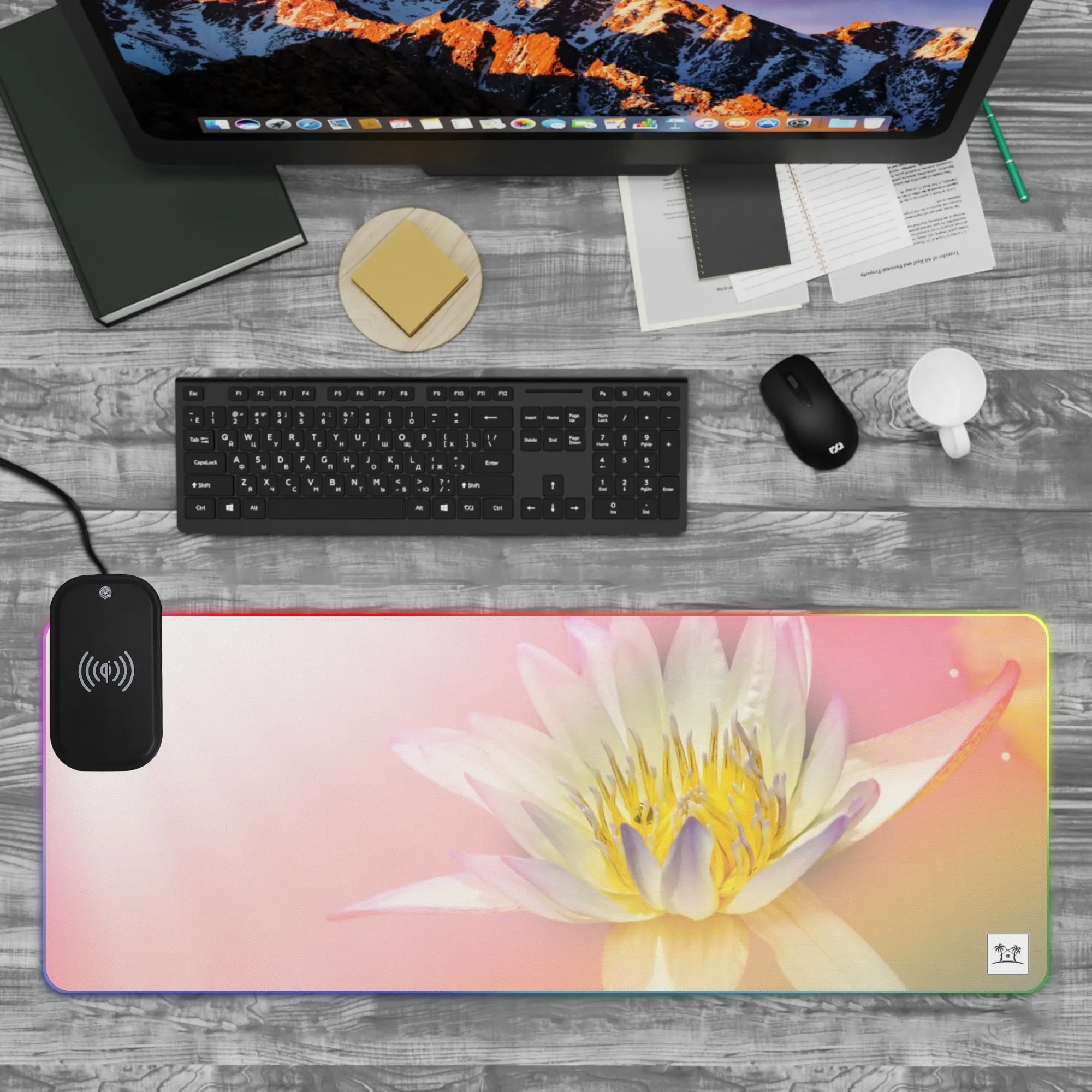 Wireless Charging Neoprene Gaming Desk Pad - Lotus