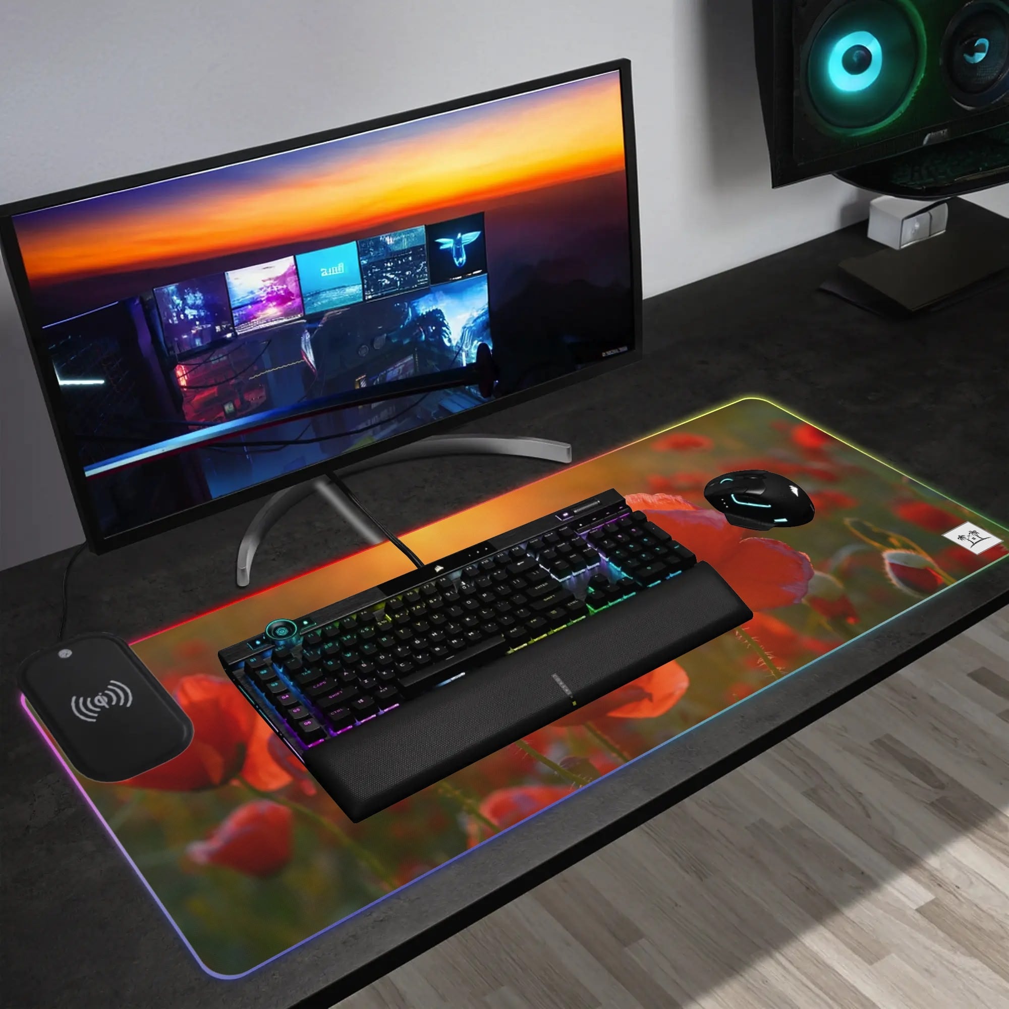 Wireless Charging Neoprene Gaming Desk Pad - Poppies