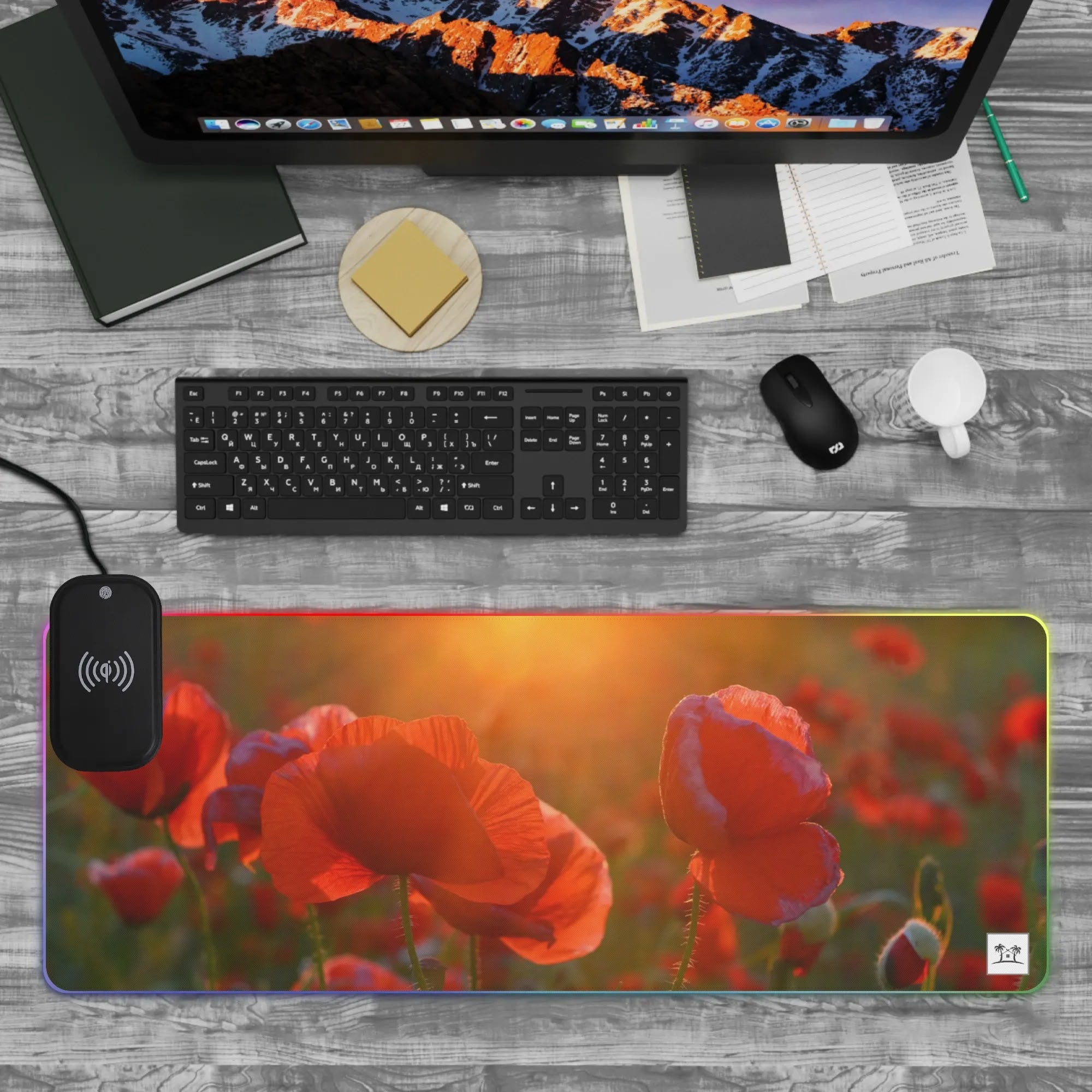 Wireless Charging Neoprene Gaming Desk Pad - Poppies