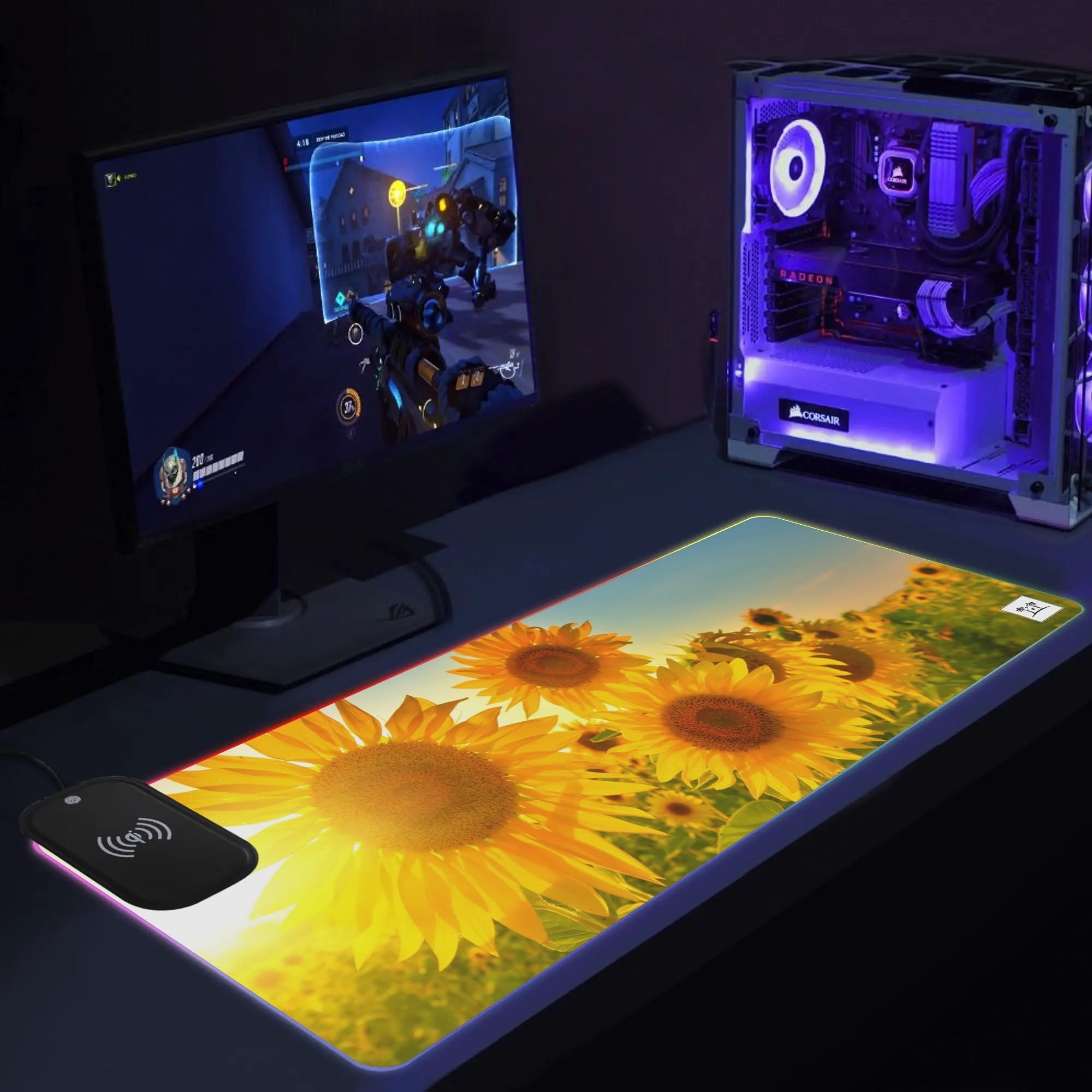 Wireless Charging Neoprene Gaming Desk Pad - Sunflowers