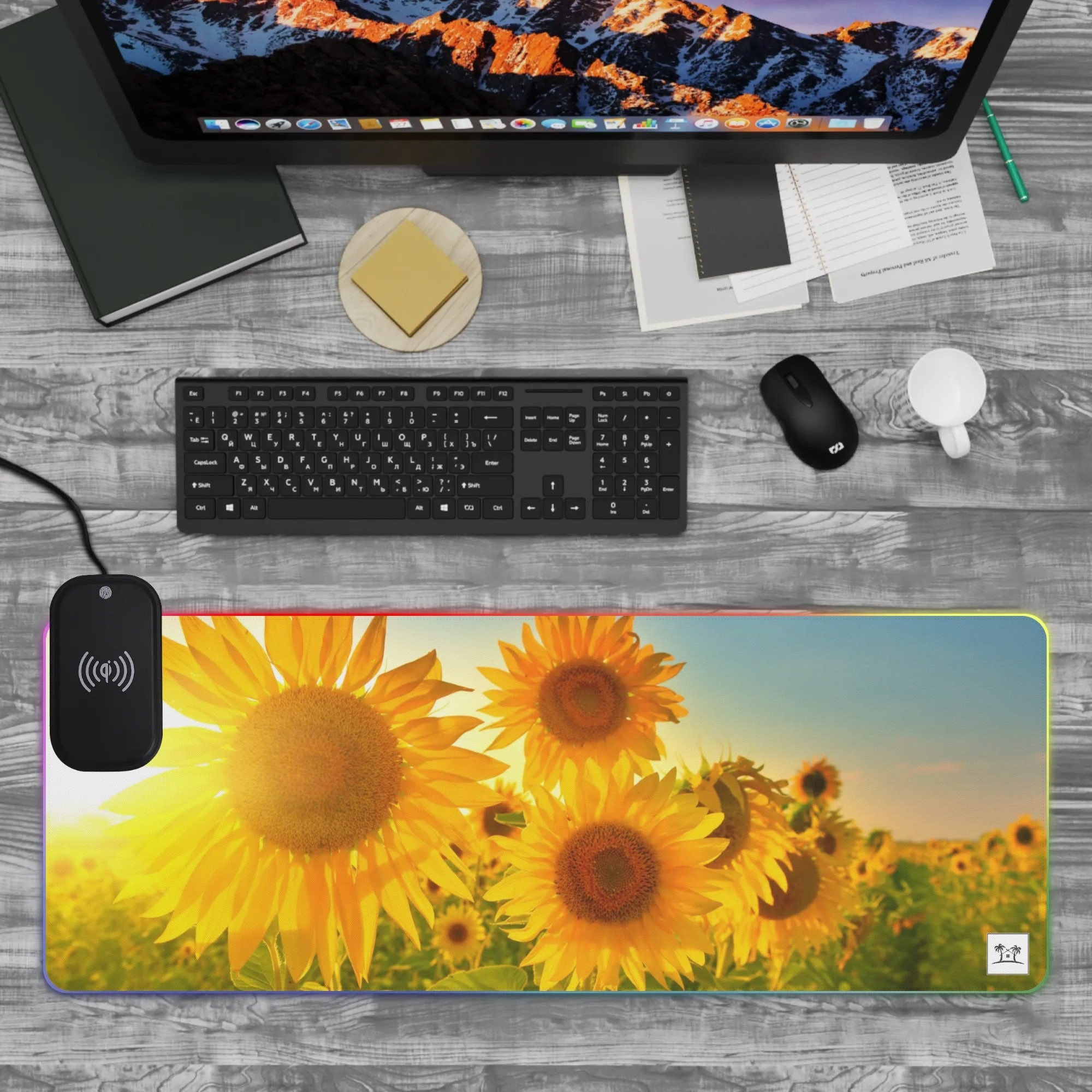 Wireless Charging Neoprene Gaming Desk Pad - Sunflowers