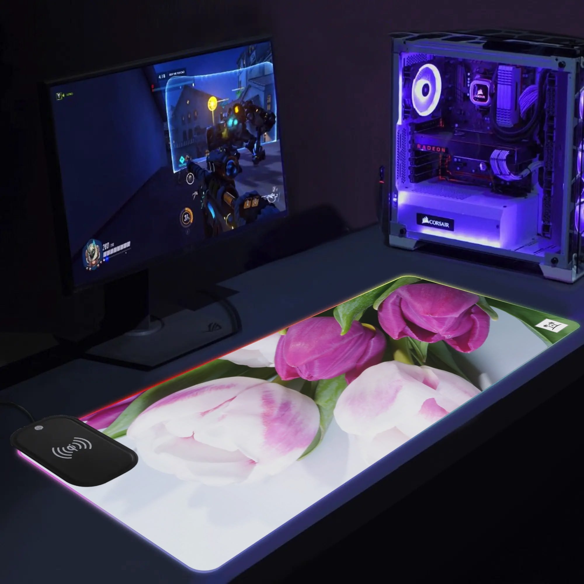 Wireless Charging Neoprene Gaming Desk Pad - Tulips