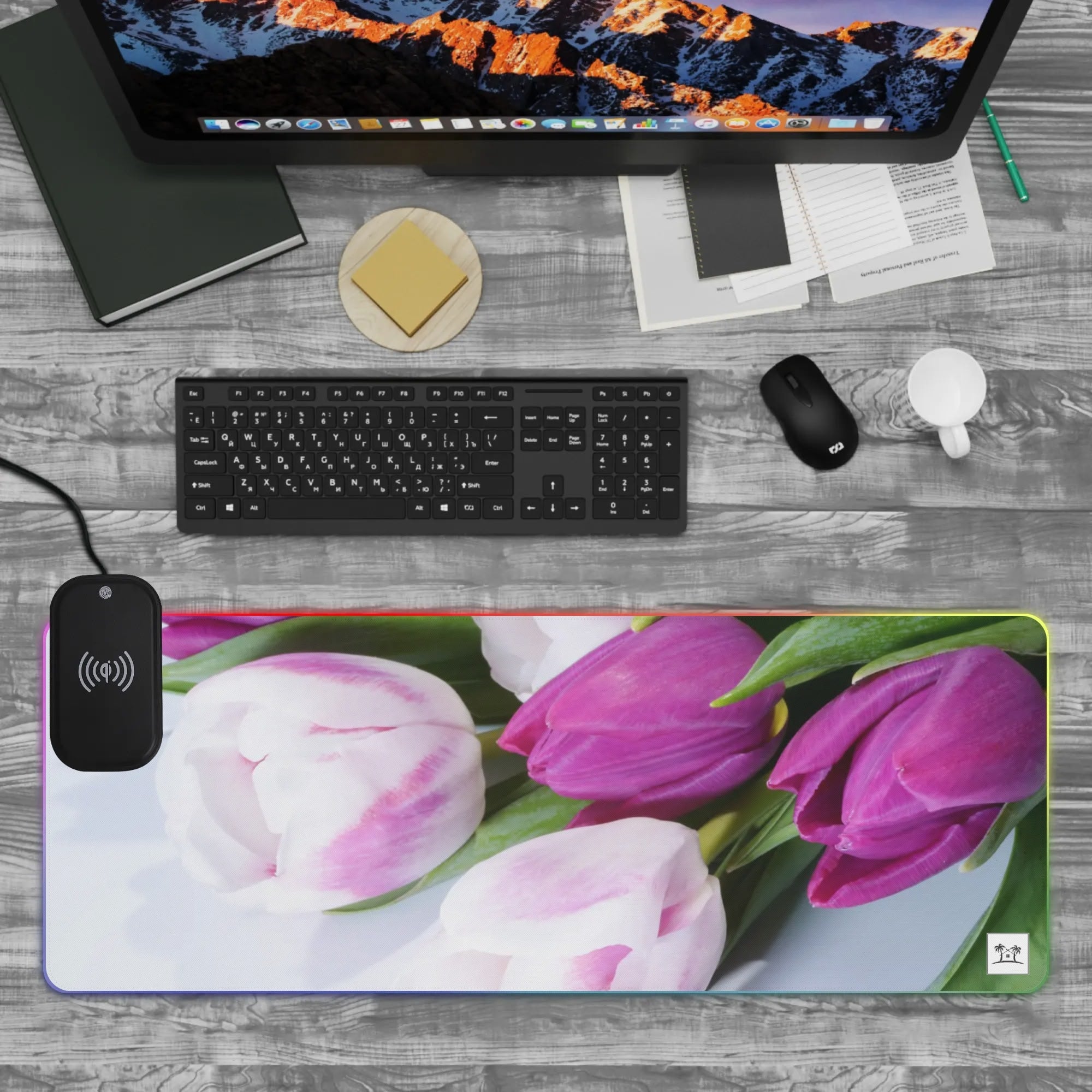 Wireless Charging Neoprene Gaming Desk Pad - Tulips