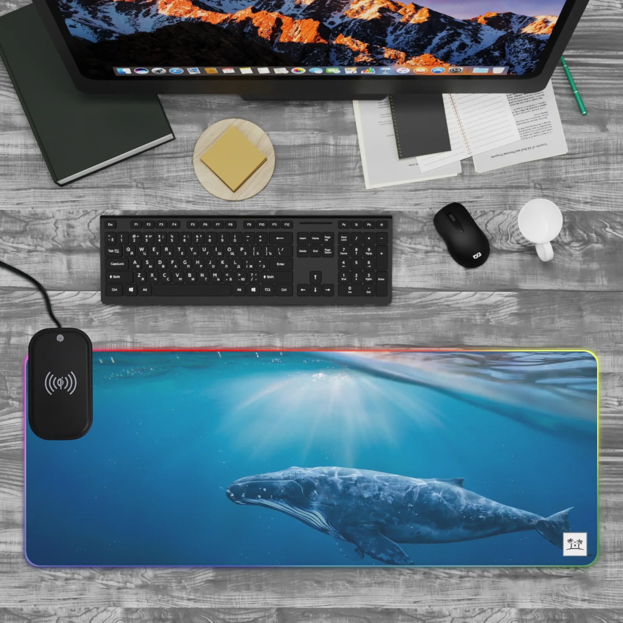 Wireless Charging Neoprene Gaming Desk Pad - Whale