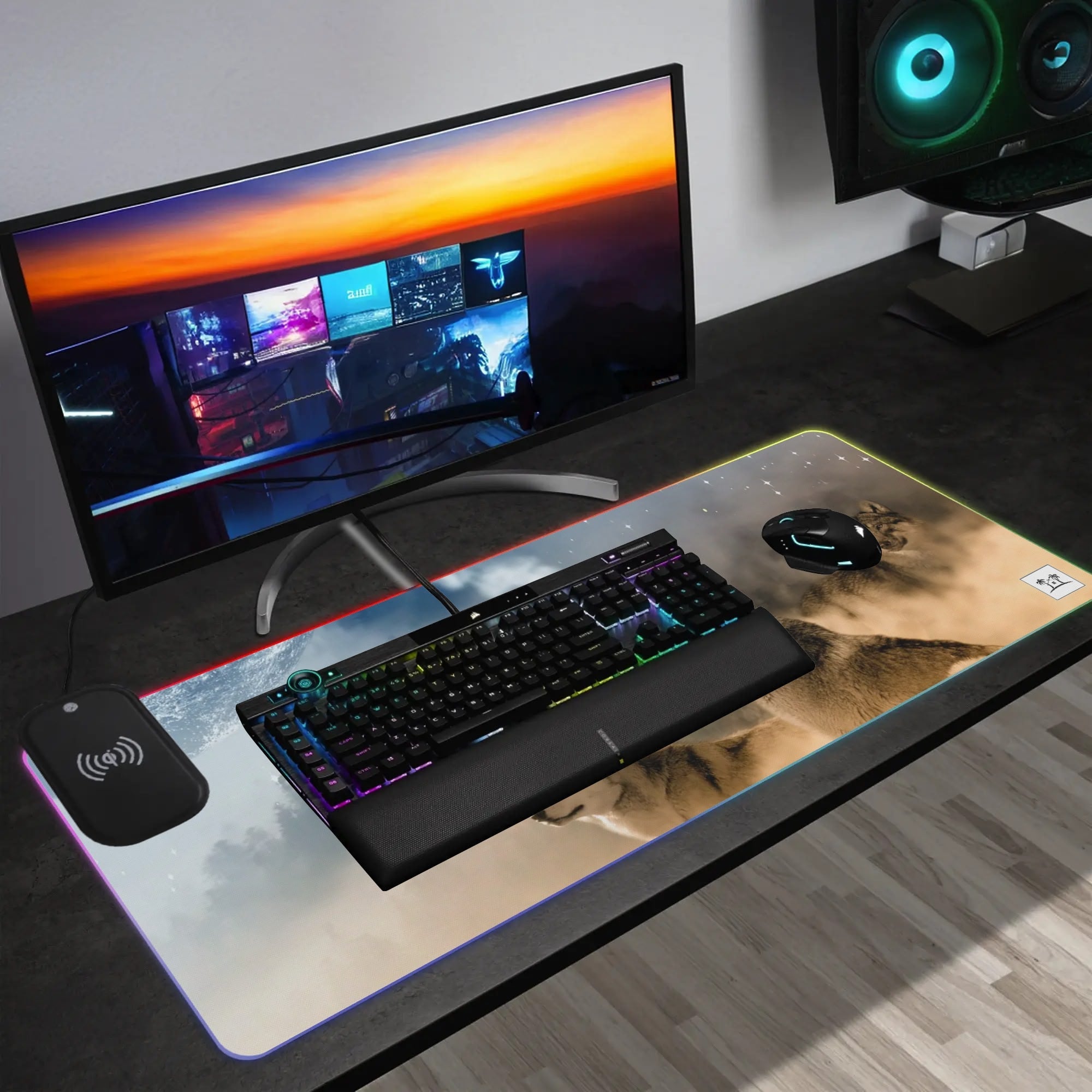 Wireless Charging Neoprene Gaming Desk Pad - Wolves