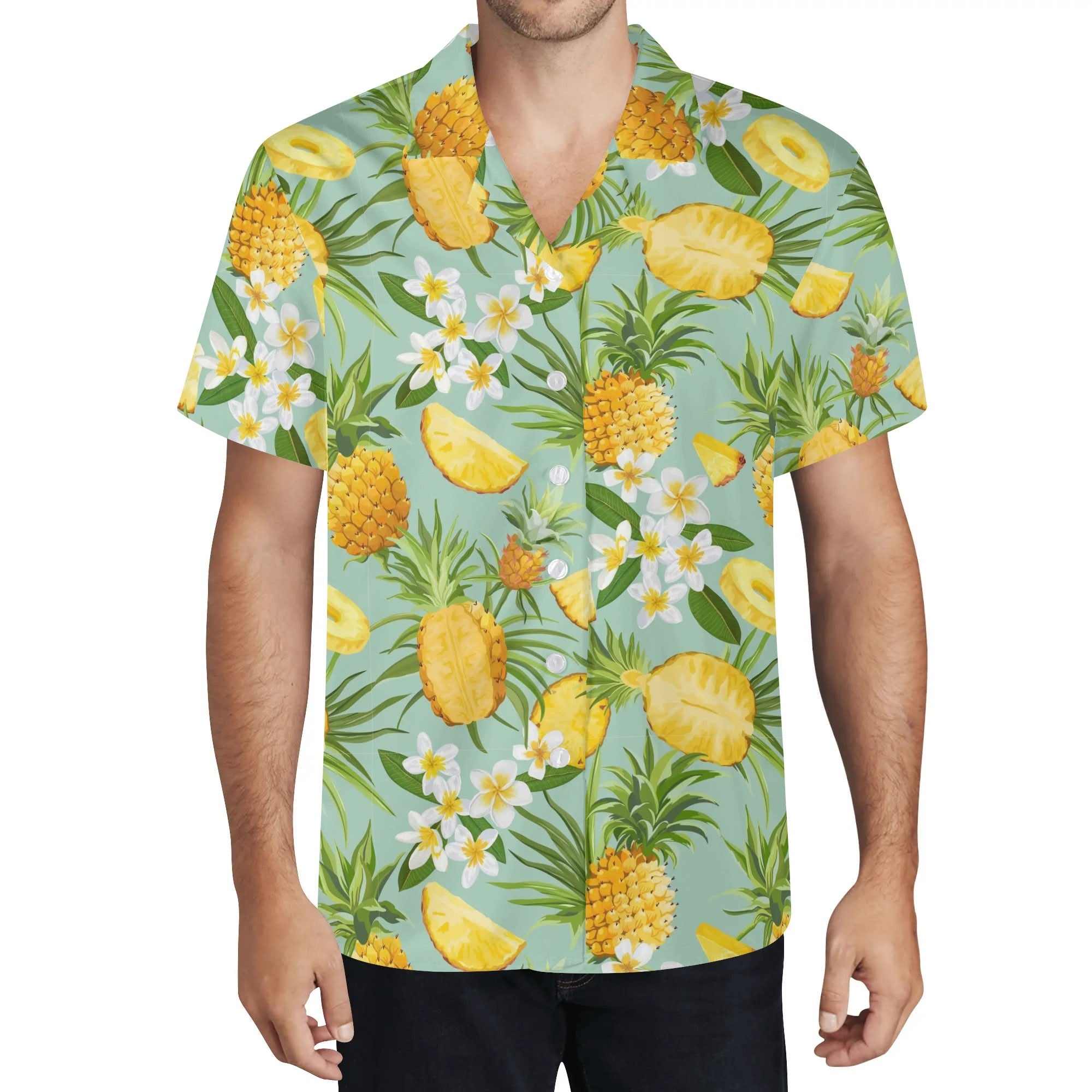 Men's Casual Hawaiian Shirt - Pineapples & Plumeria (Green)