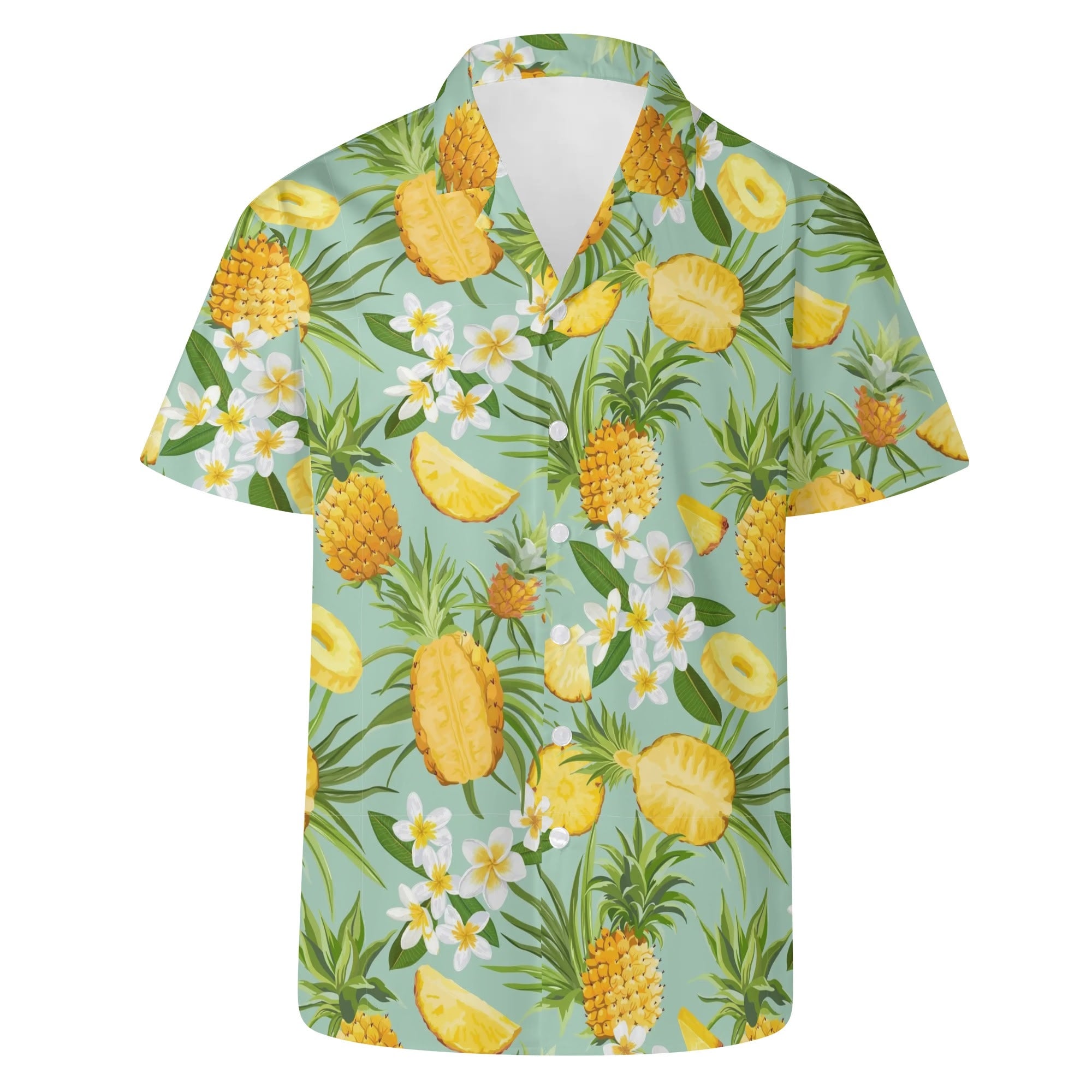 Men's Casual Hawaiian Shirt - Pineapples & Plumeria (Green)