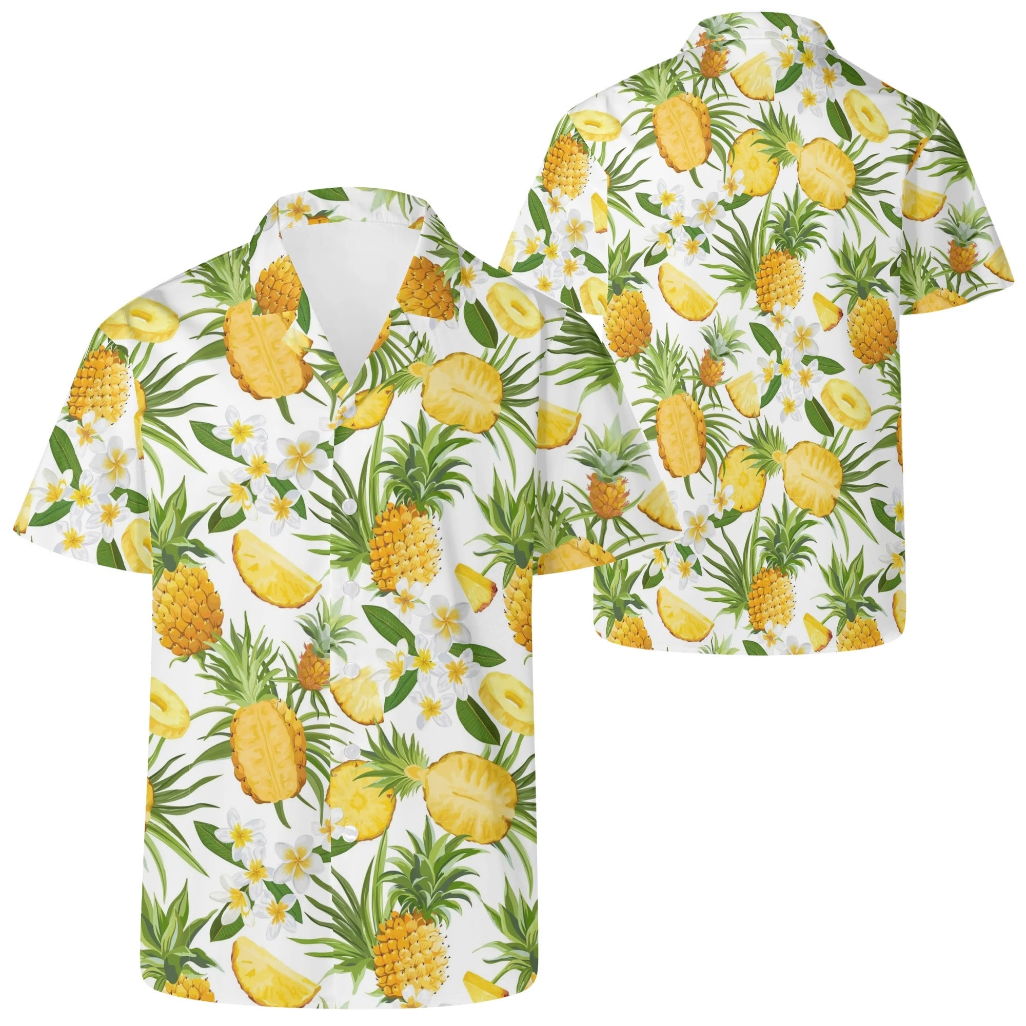 Men's Casual Hawaiian Shirt - Pineapples & Plumeria (White)