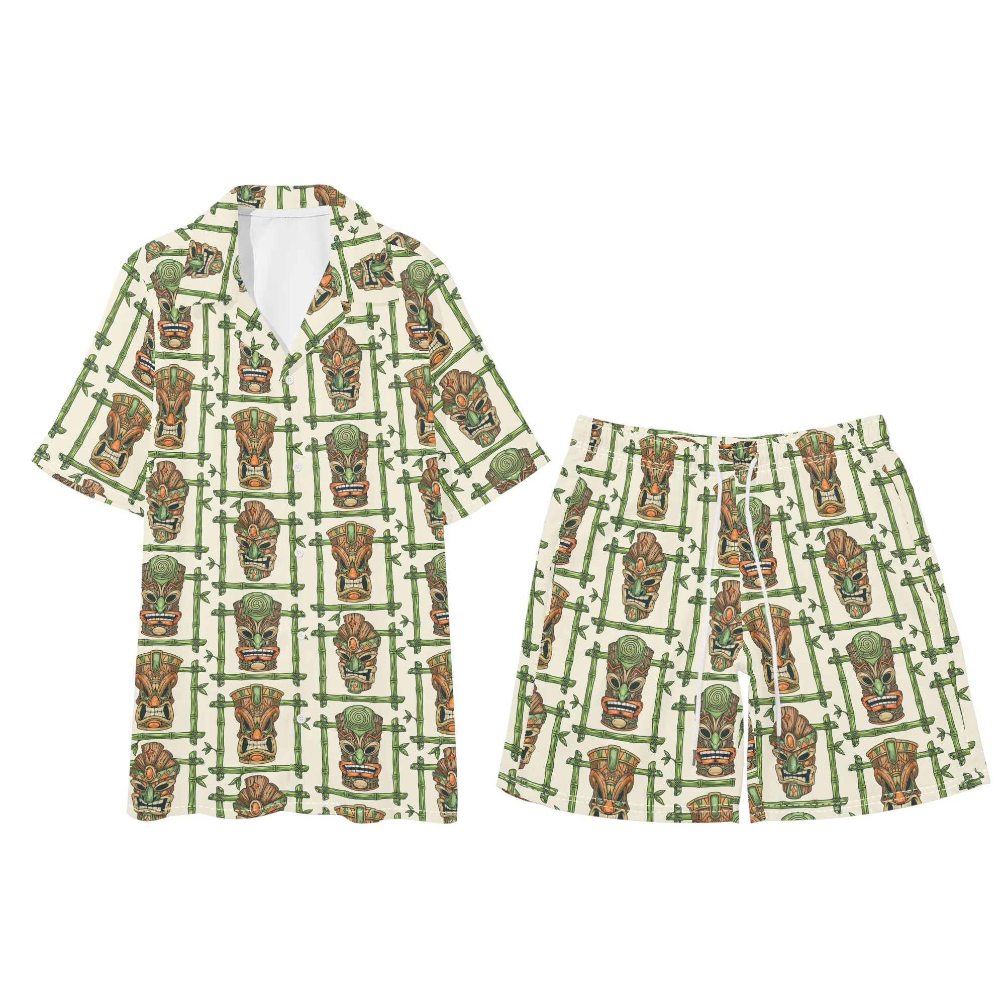 Men's Hawaiian Shirt and Shorts Set - Tiki Masks