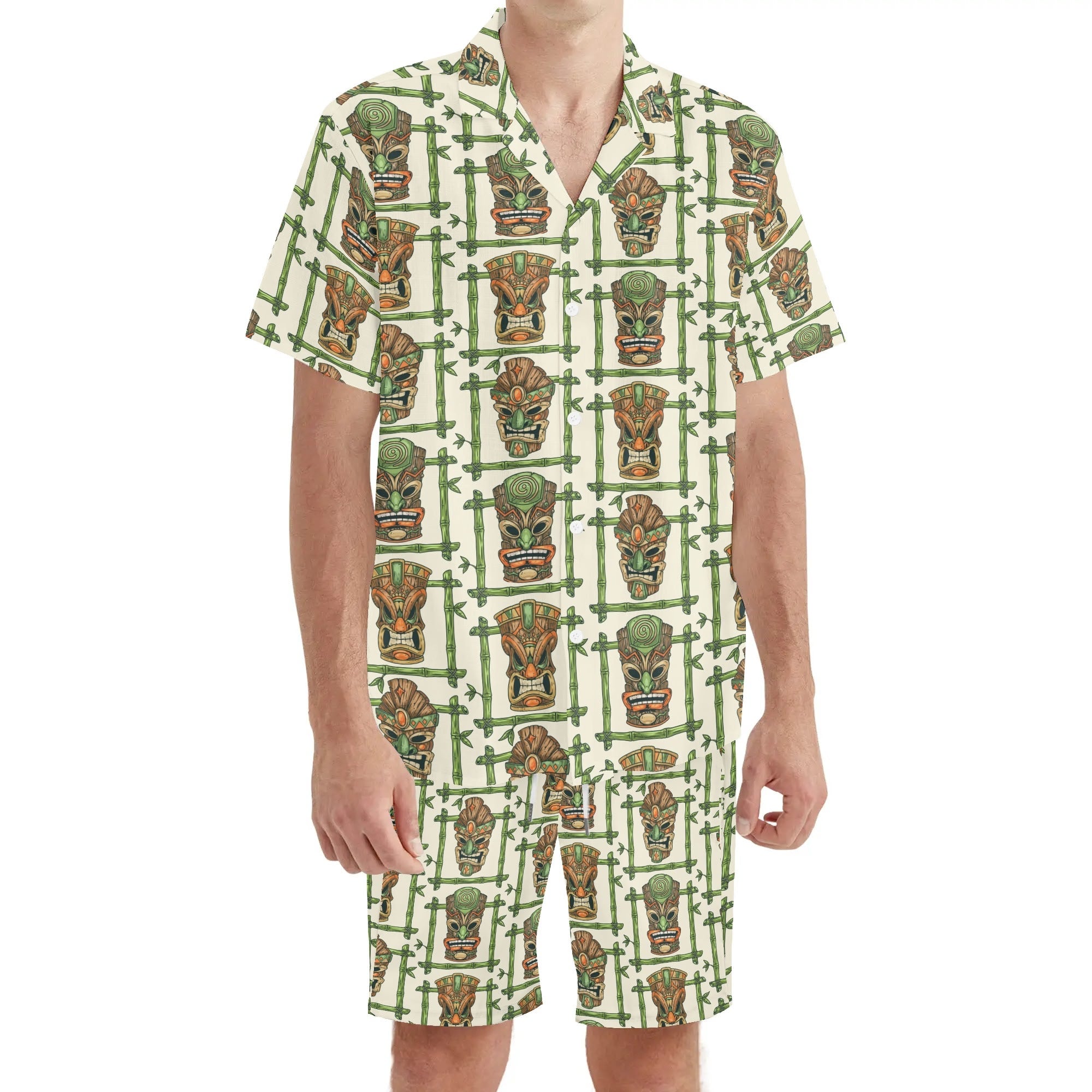 Men's Hawaiian Shirt and Shorts Set - Tiki Masks