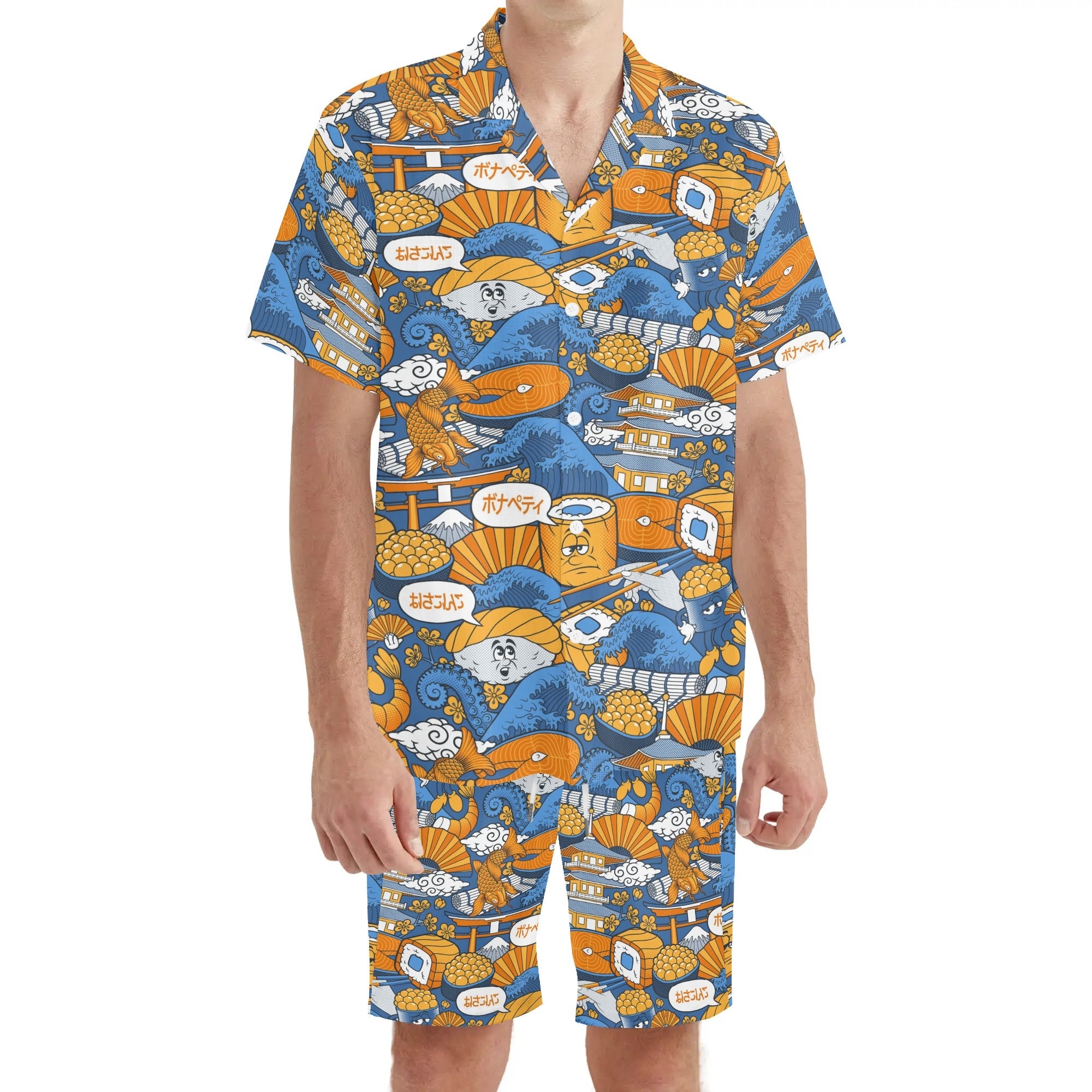 Men's Hawaiian Shirt and Shorts Set - Sushi (Blue)