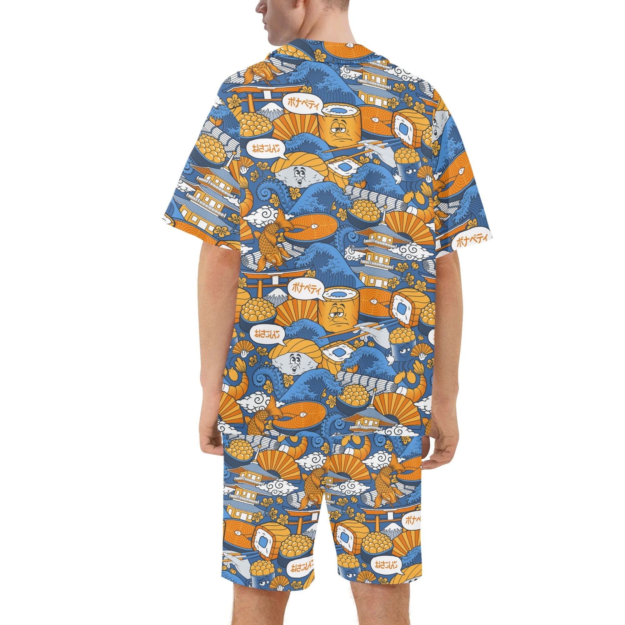 Men's Hawaiian Shirt and Shorts Set - Sushi (Blue)