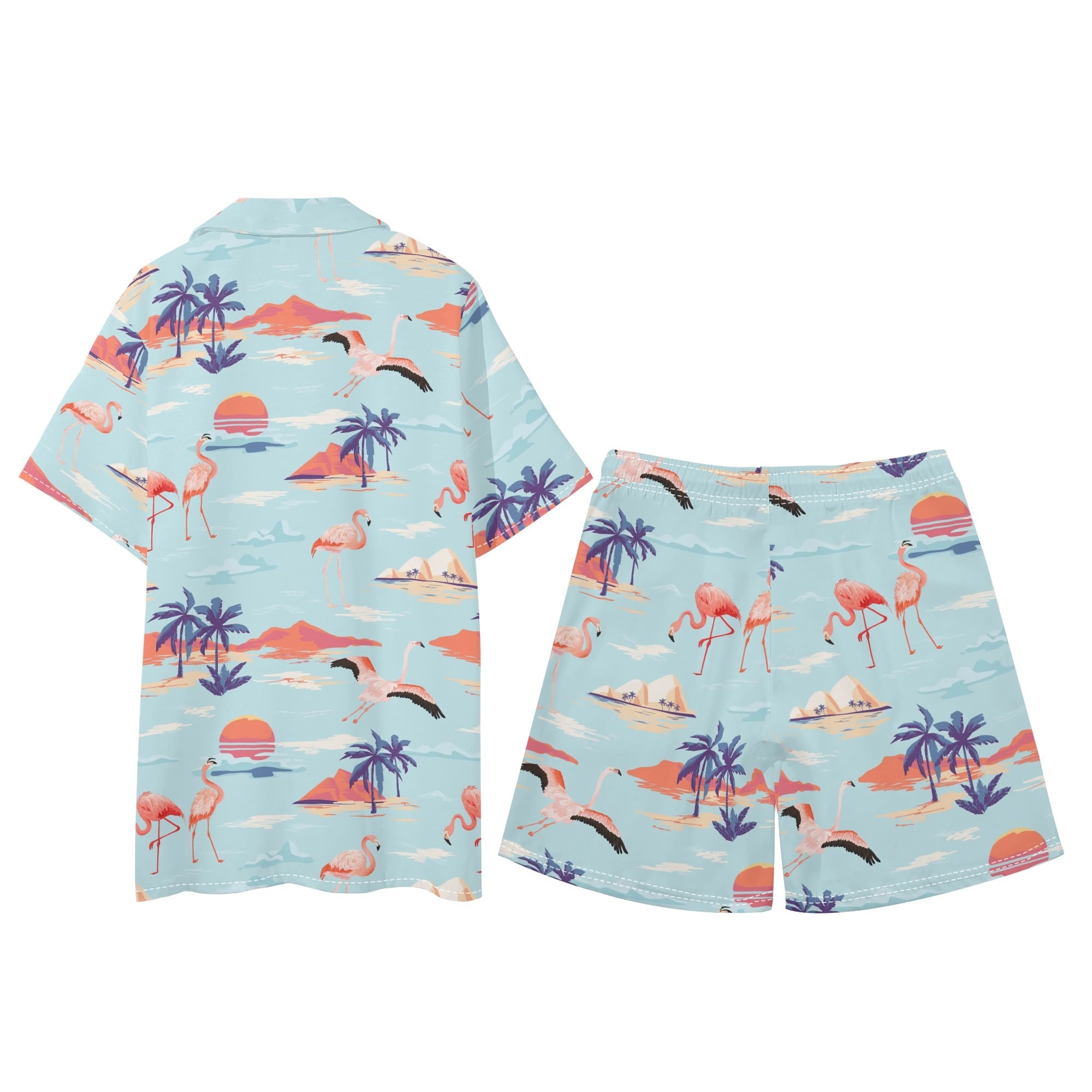 Men's Hawaiian Shirt and Shorts Set - Flamingo Sunset