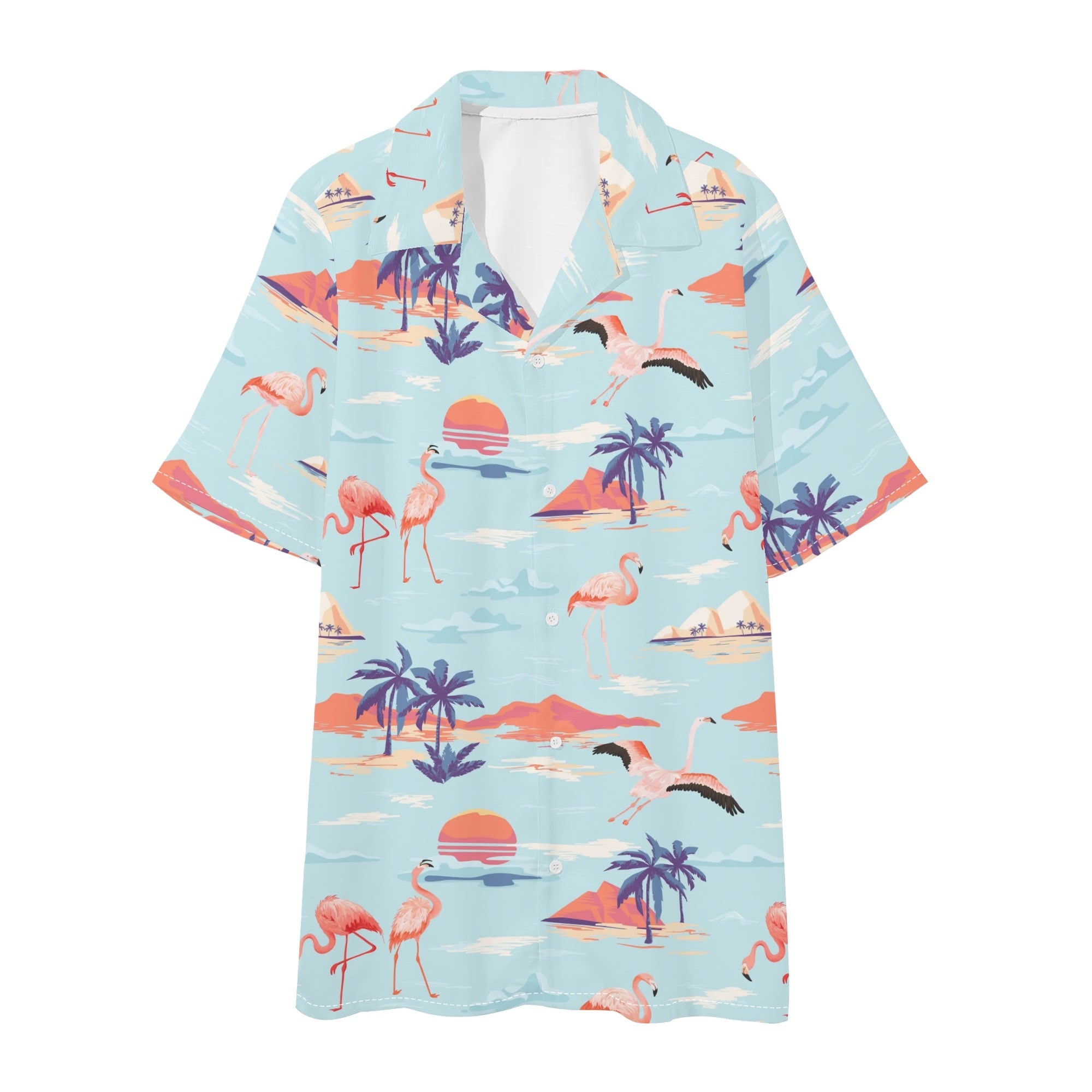 Men's Hawaiian Shirt and Shorts Set - Flamingo Sunset