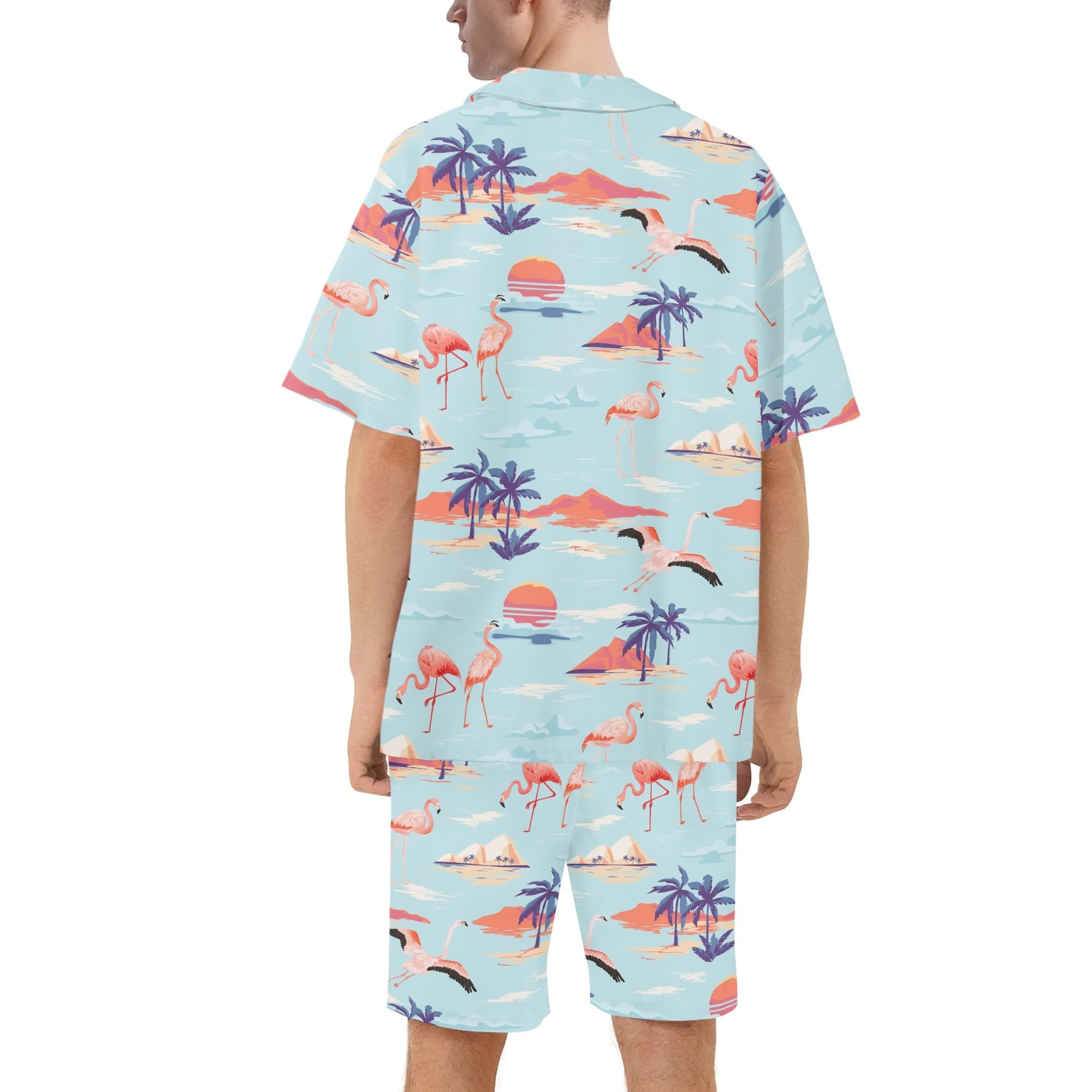 Men's Hawaiian Shirt and Shorts Set - Flamingo Sunset