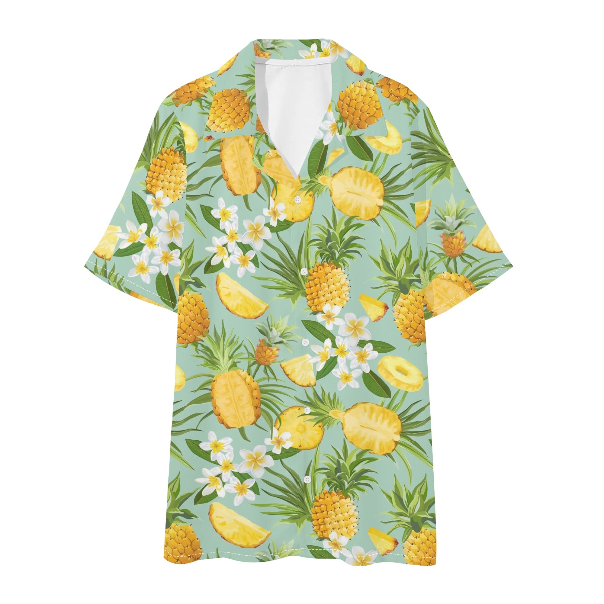 Men's Hawaiian Shirt and Shorts Set - Pineapples & Plumeria (Green)