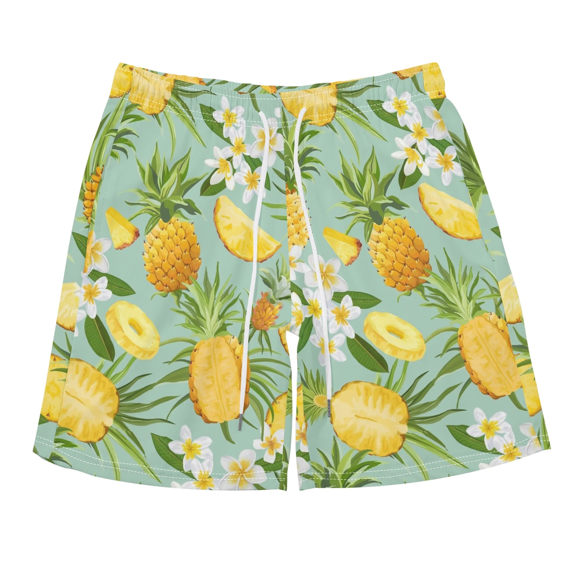 Men's Hawaiian Shirt and Shorts Set - Pineapples & Plumeria (Green)