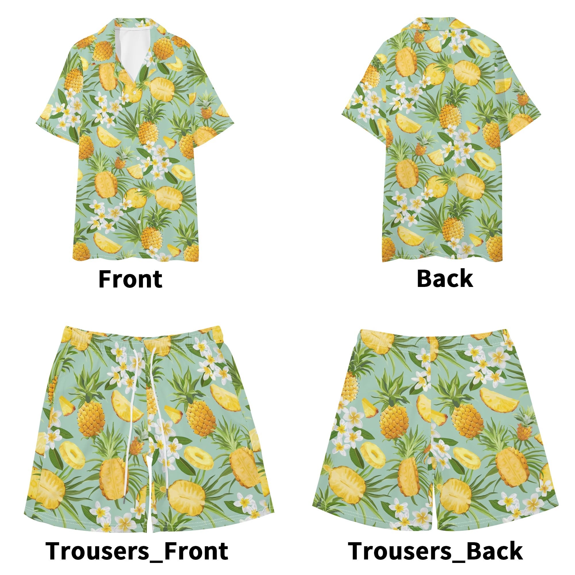 Men's Hawaiian Shirt and Shorts Set - Pineapples & Plumeria (Green)