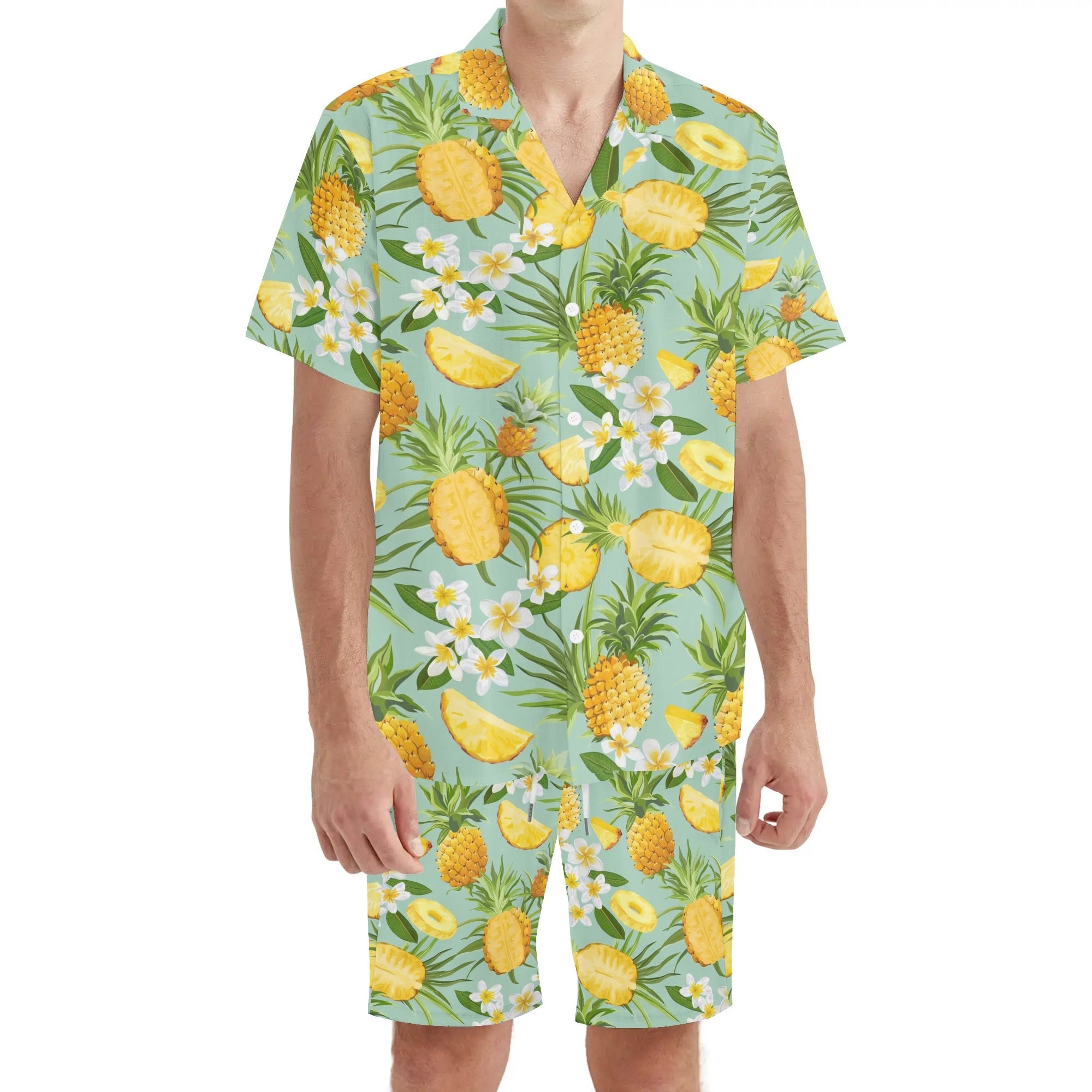 Men's Hawaiian Shirt and Shorts Set - Pineapples & Plumeria (Green)