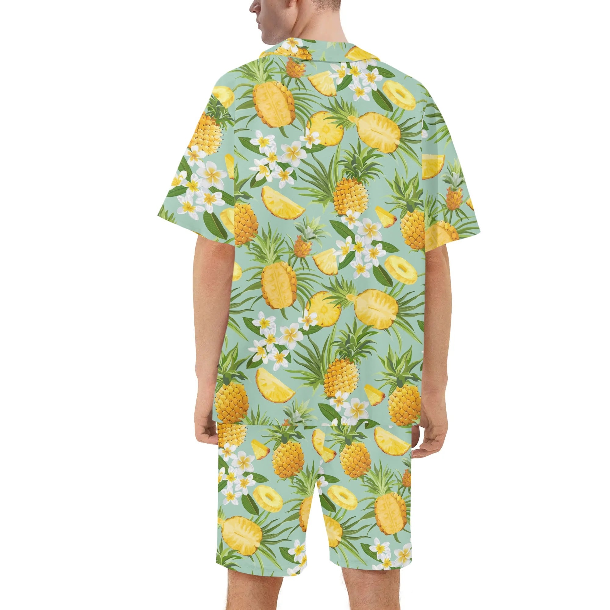 Men's Hawaiian Shirt and Shorts Set - Pineapples & Plumeria (Green)