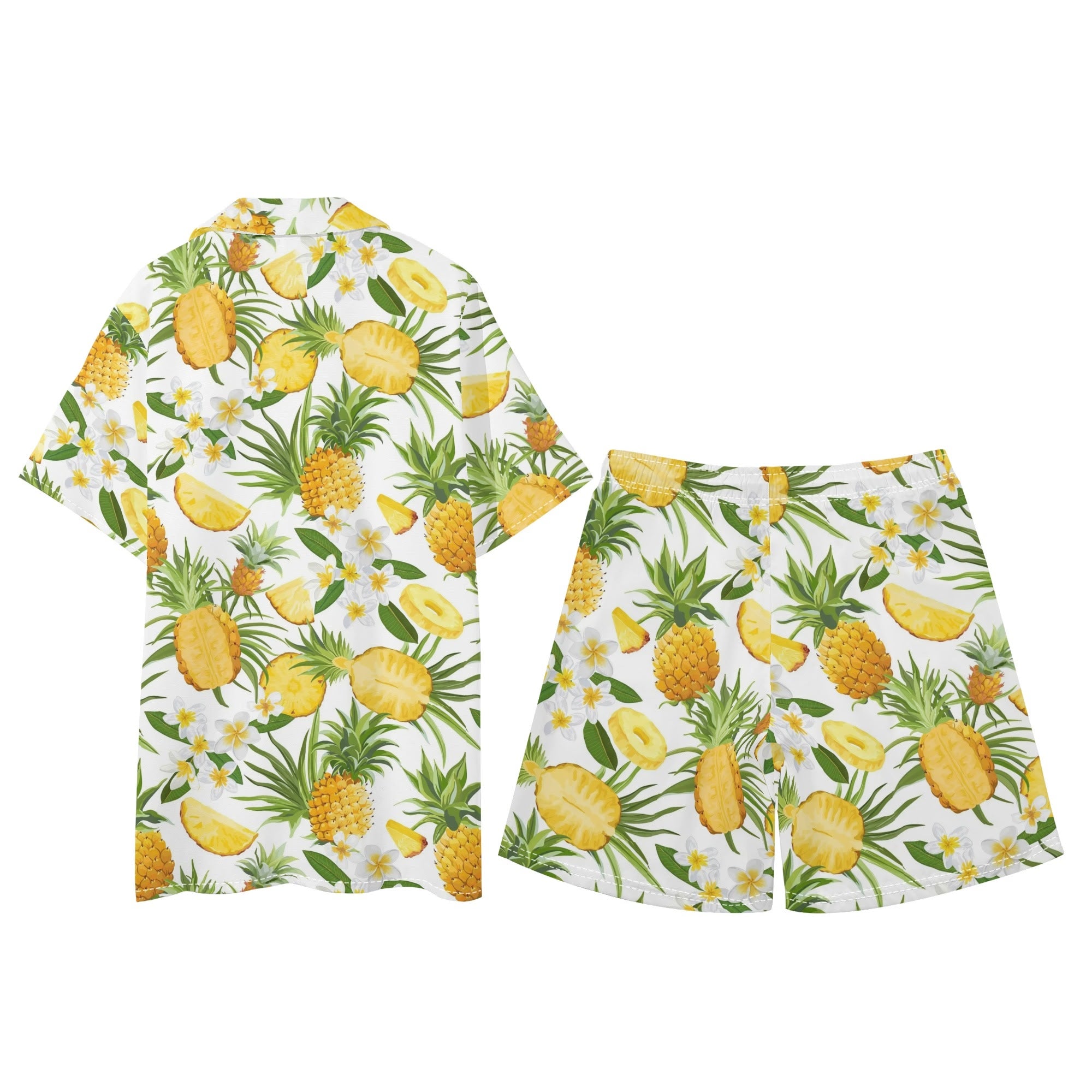 Men's Hawaiian Shirt and Shorts Set - Pineapples & Plumeria (White)