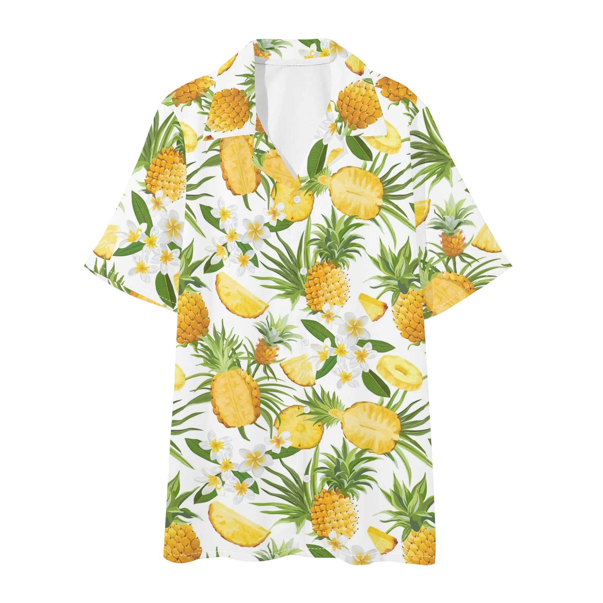 Men's Hawaiian Shirt and Shorts Set - Pineapples & Plumeria (White)