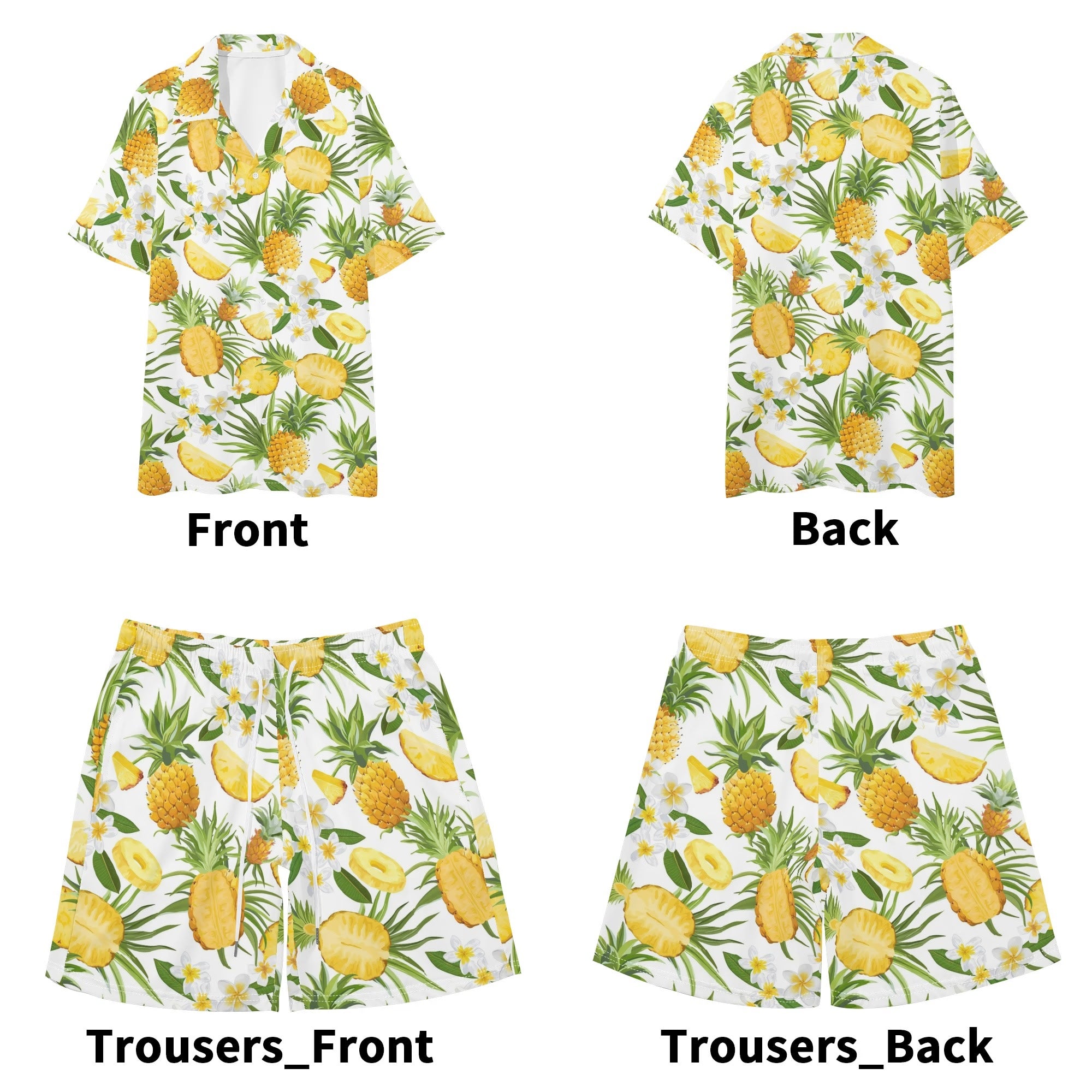 Men's Hawaiian Shirt and Shorts Set - Pineapples & Plumeria (White)