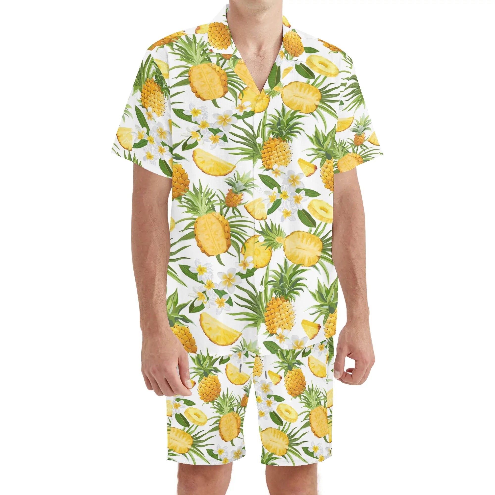 Men's Hawaiian Shirt and Shorts Set - Pineapples & Plumeria (White)