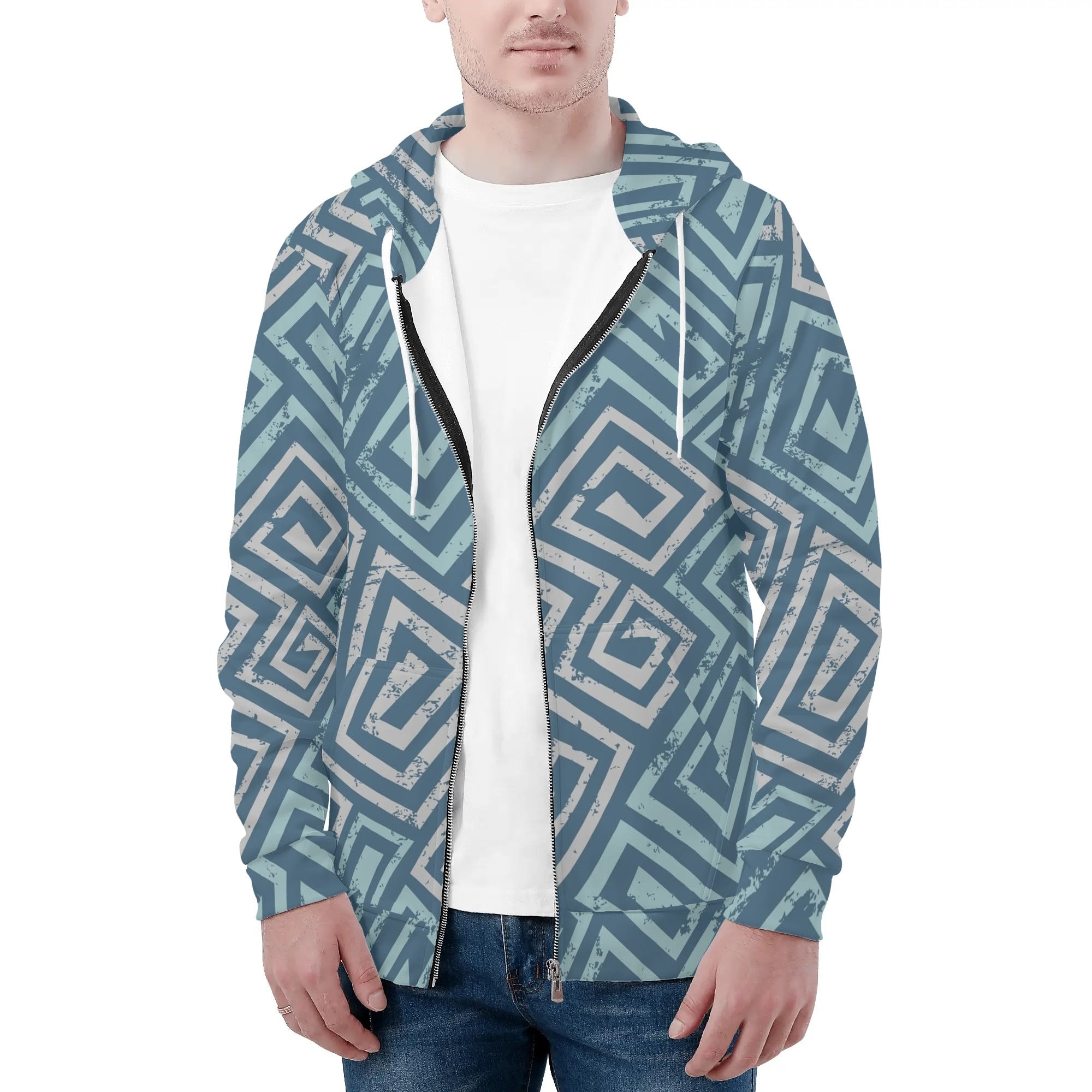 Men's Allover Print Zip-Up Hoodie - Greek Spiral