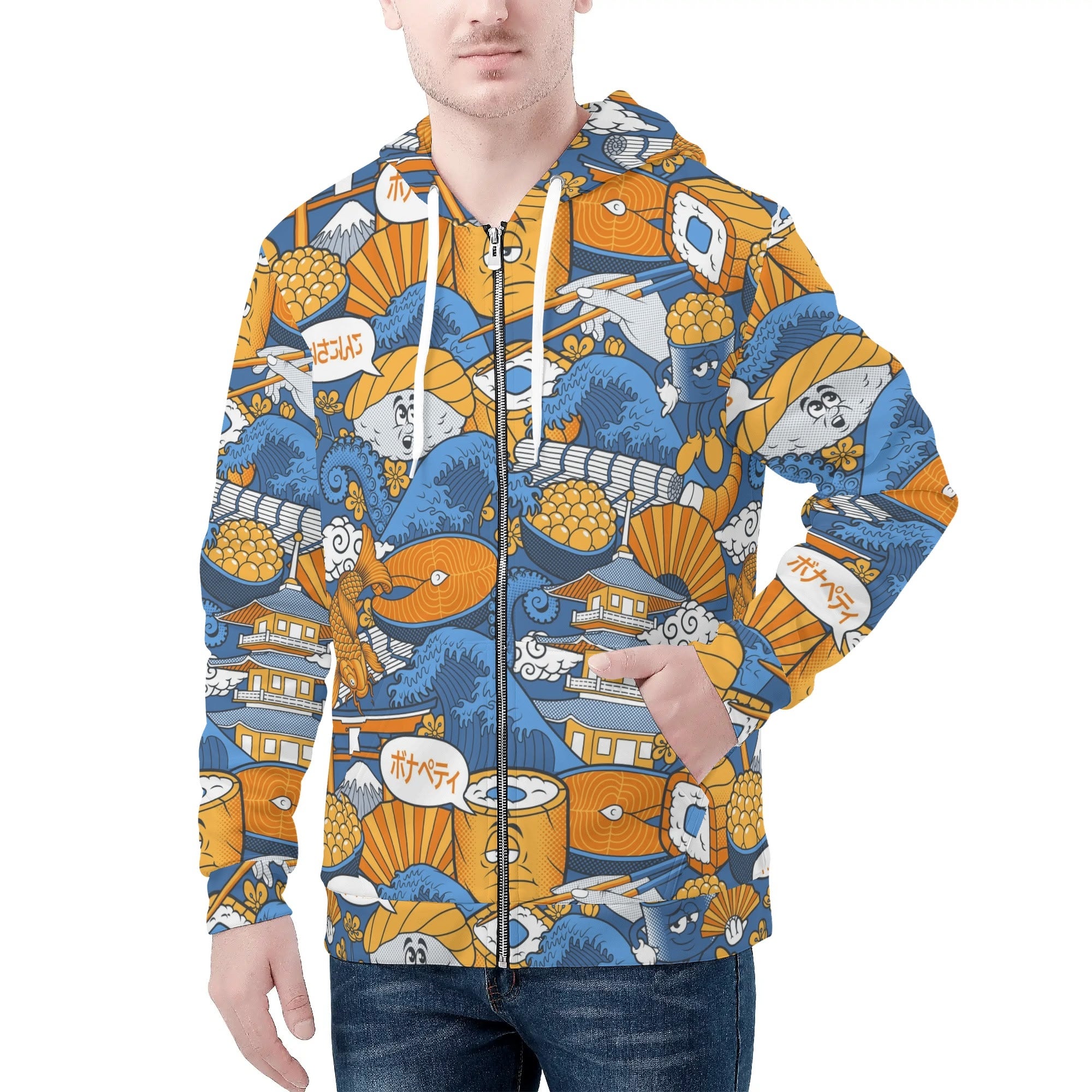 Men's Allover Print Zip-Up Hoodie - Sushi (Blue)