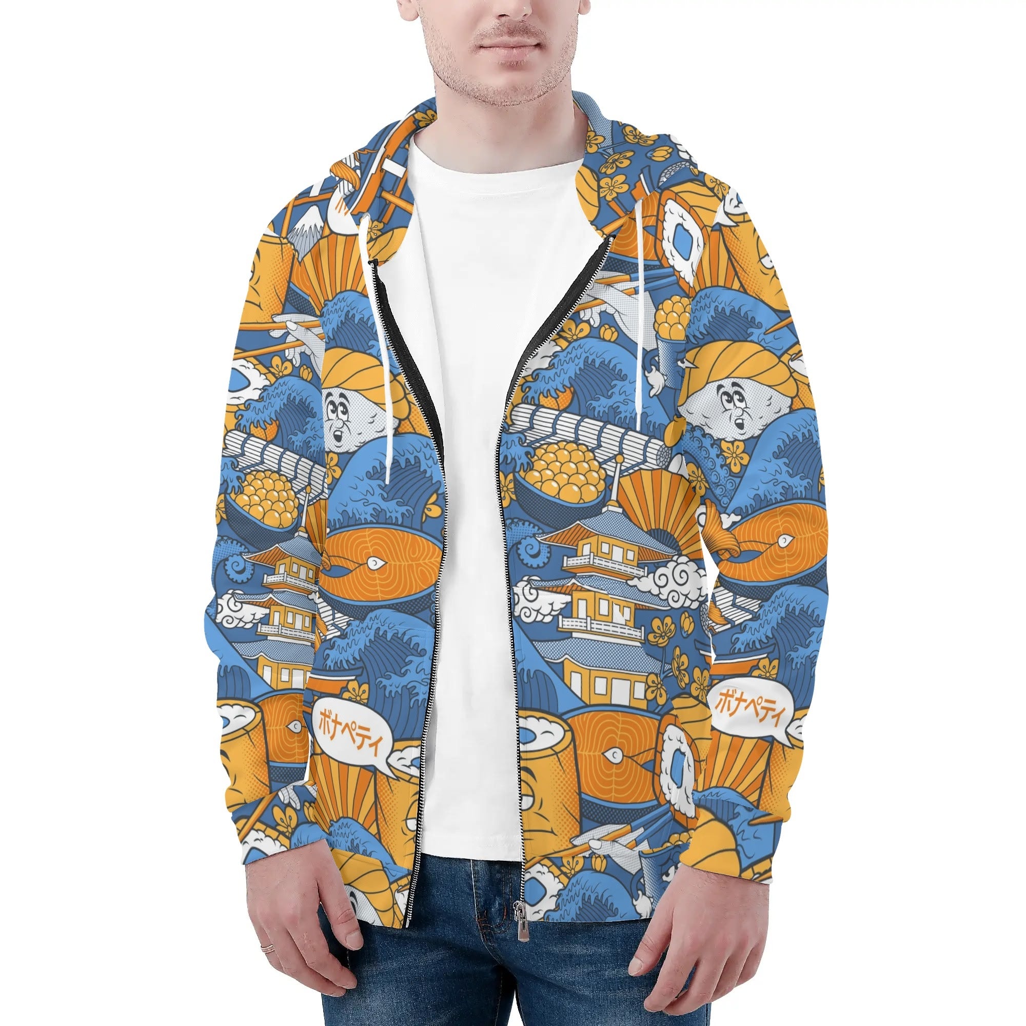 Men's Allover Print Zip-Up Hoodie - Sushi (Blue)