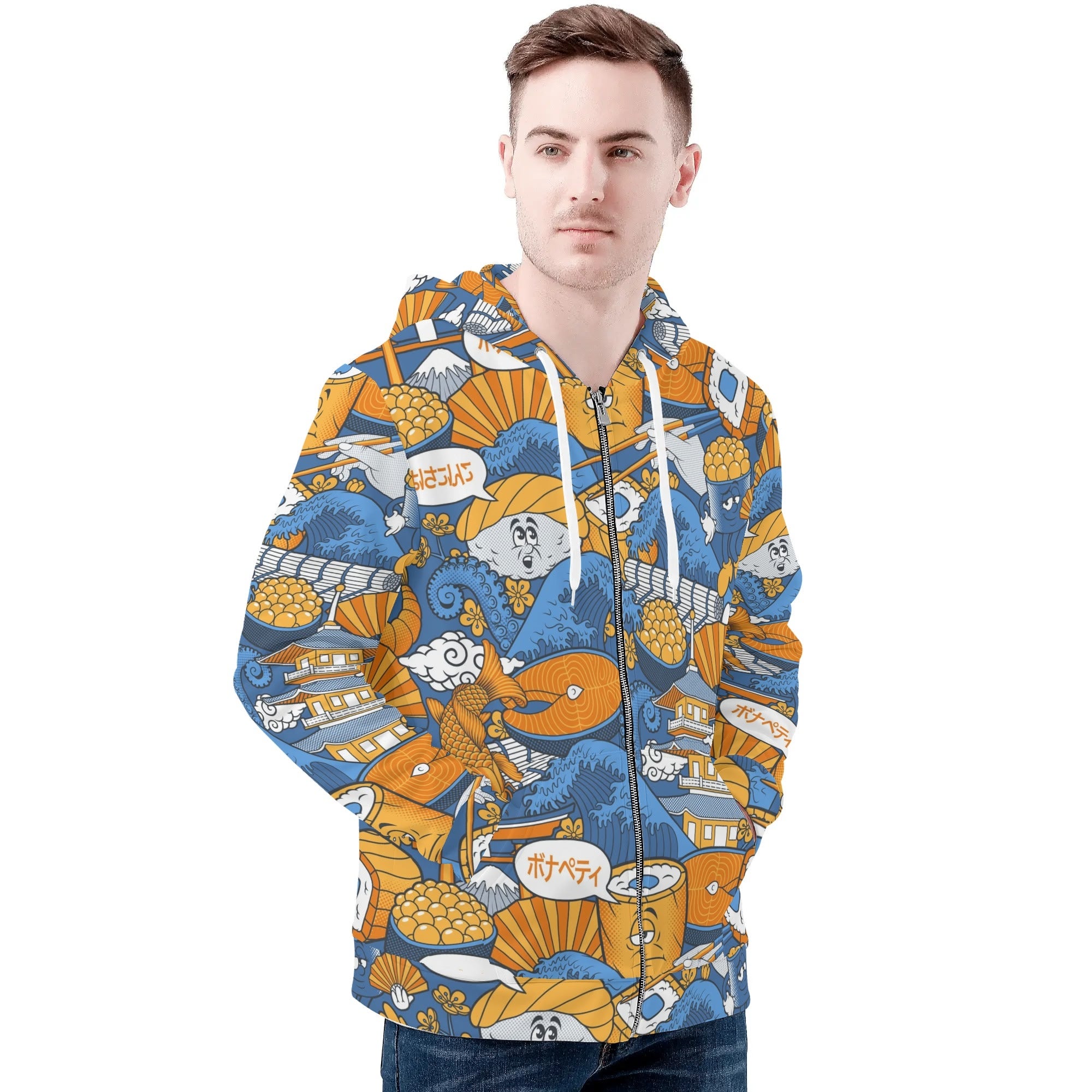 Men's Allover Print Zip-Up Hoodie - Sushi (Blue)