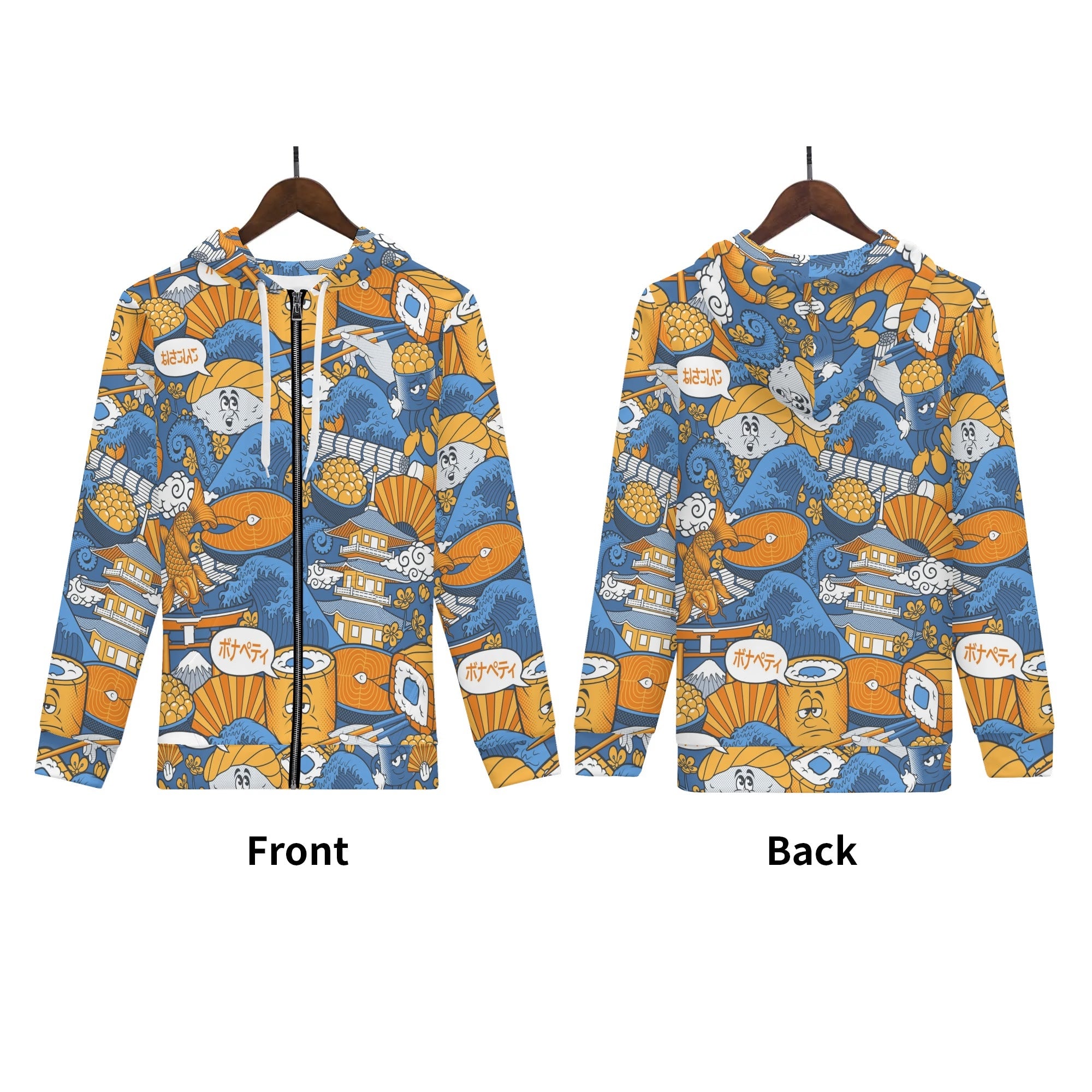 Men's Allover Print Zip-Up Hoodie - Sushi (Blue)