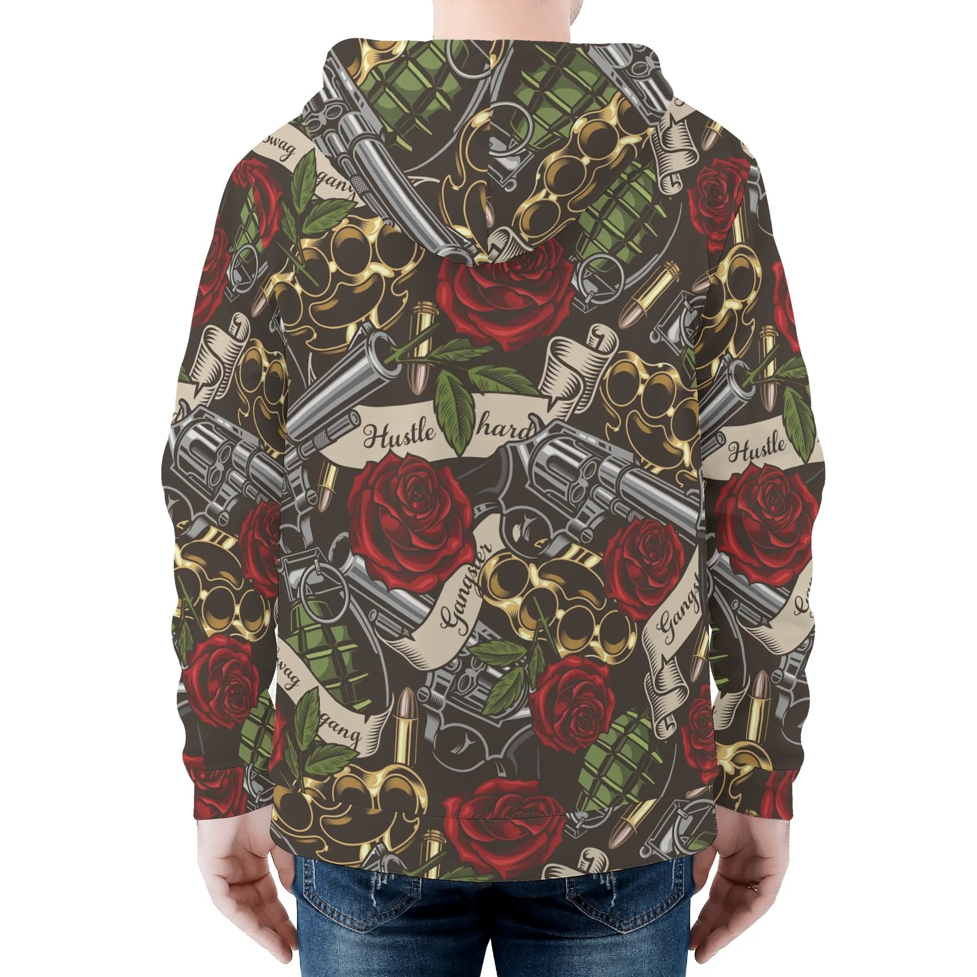 Men's Allover Print Zip-Up Hoodie - Steel Roses