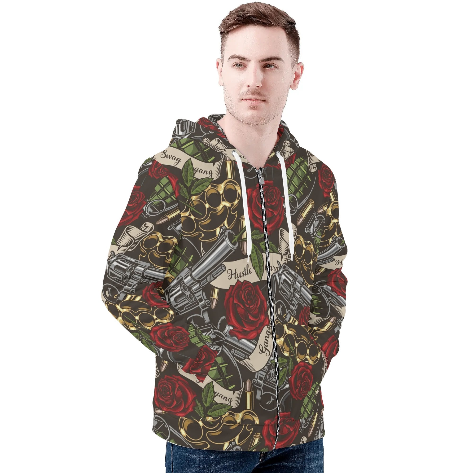 Men's Allover Print Zip-Up Hoodie - Steel Roses