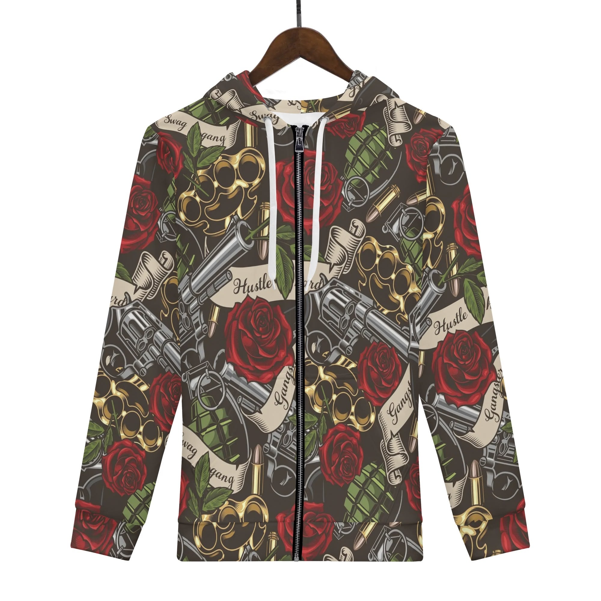 Men's Allover Print Zip-Up Hoodie - Steel Roses