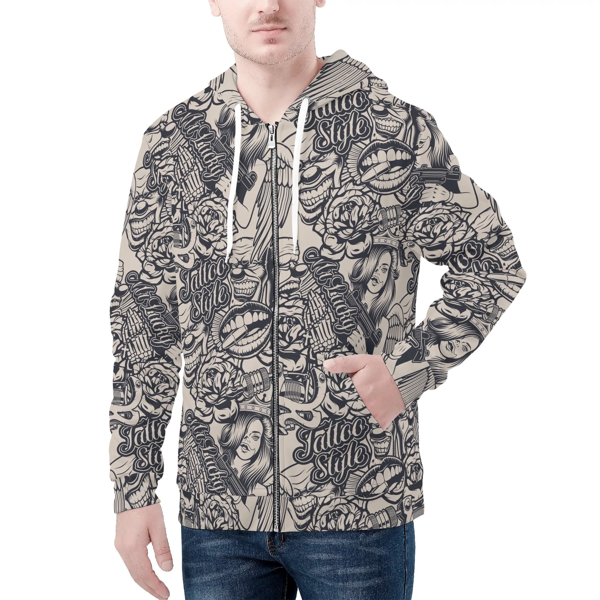 Men's Allover Print Zip-Up Hoodie - Tattoo