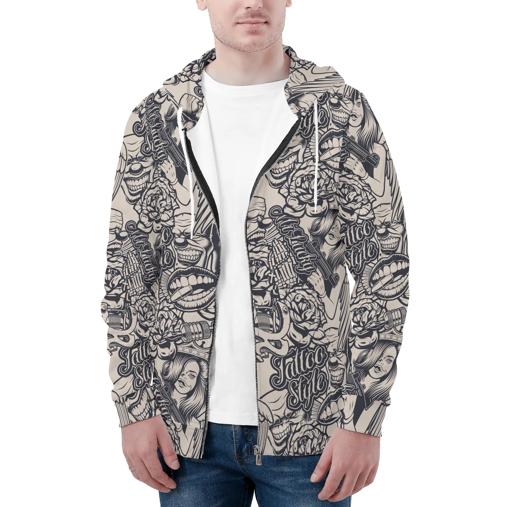 Men's Allover Print Zip-Up Hoodie - Tattoo