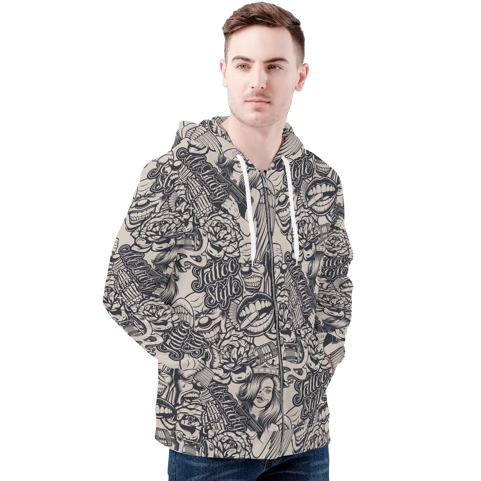 Men's Allover Print Zip-Up Hoodie - Tattoo