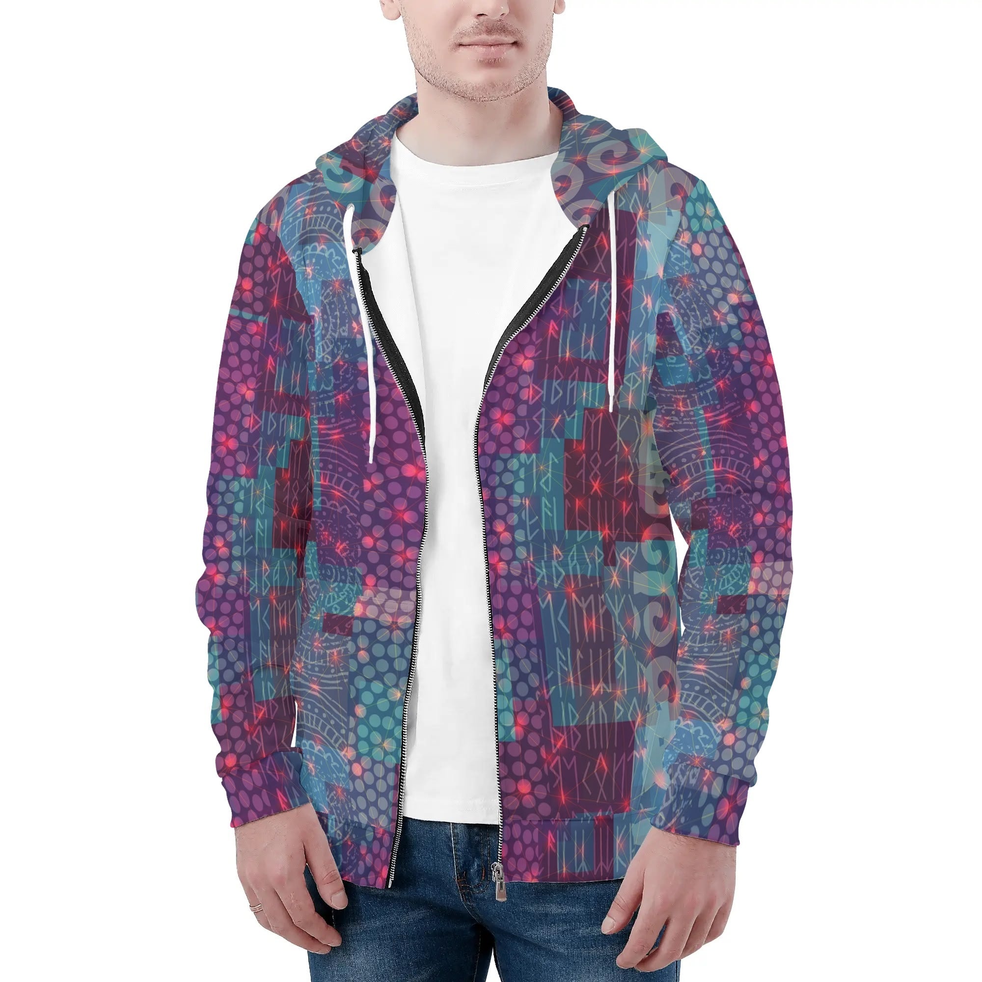 Men's Allover Print Zip-Up Hoodie - Runes (Purple)