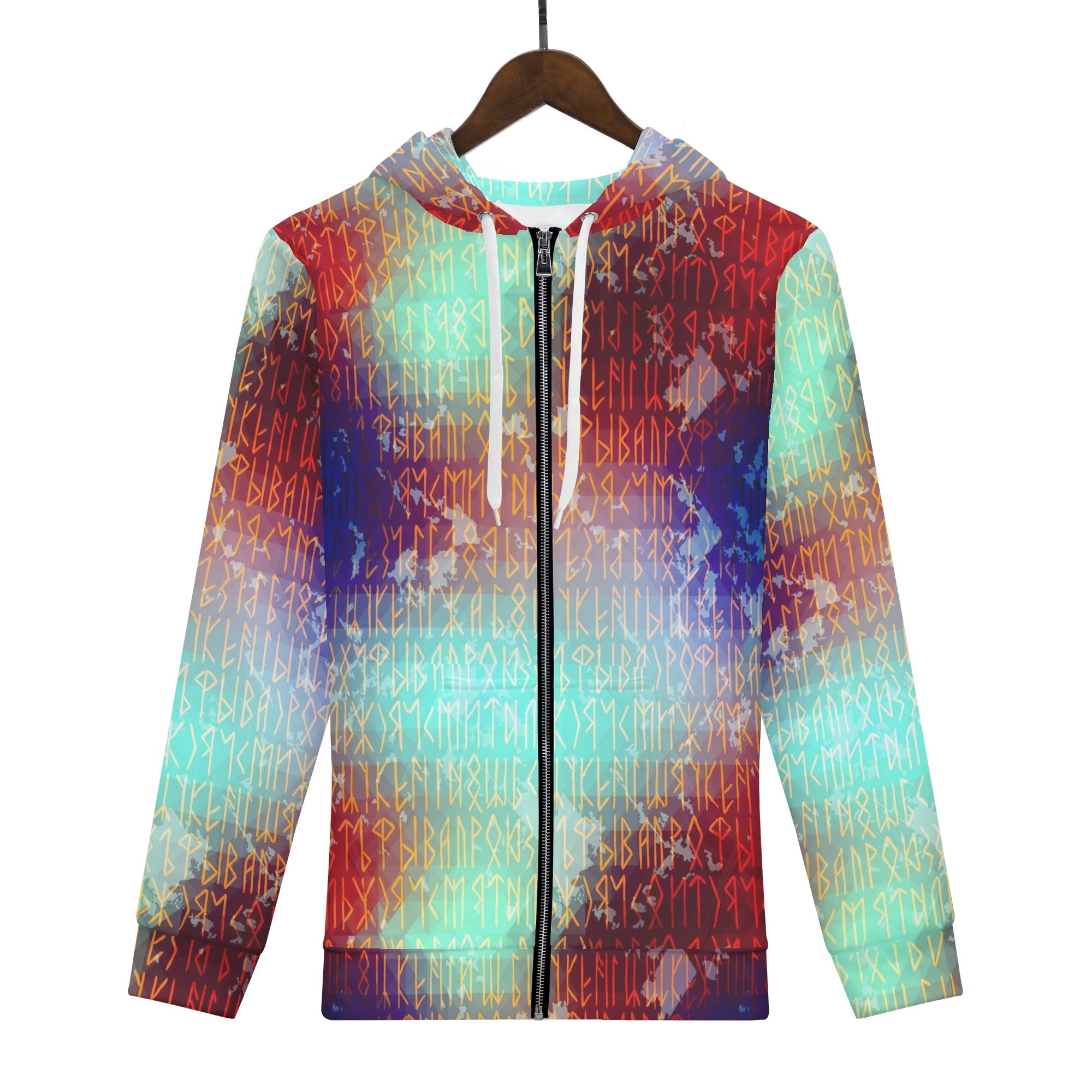 Men's Allover Print Zip-Up Hoodie - Runes (Teal)