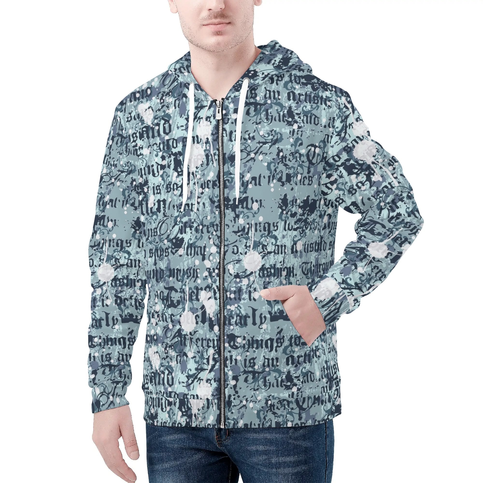 Men's Allover Print Zip-Up Hoodie - Blue Gothic