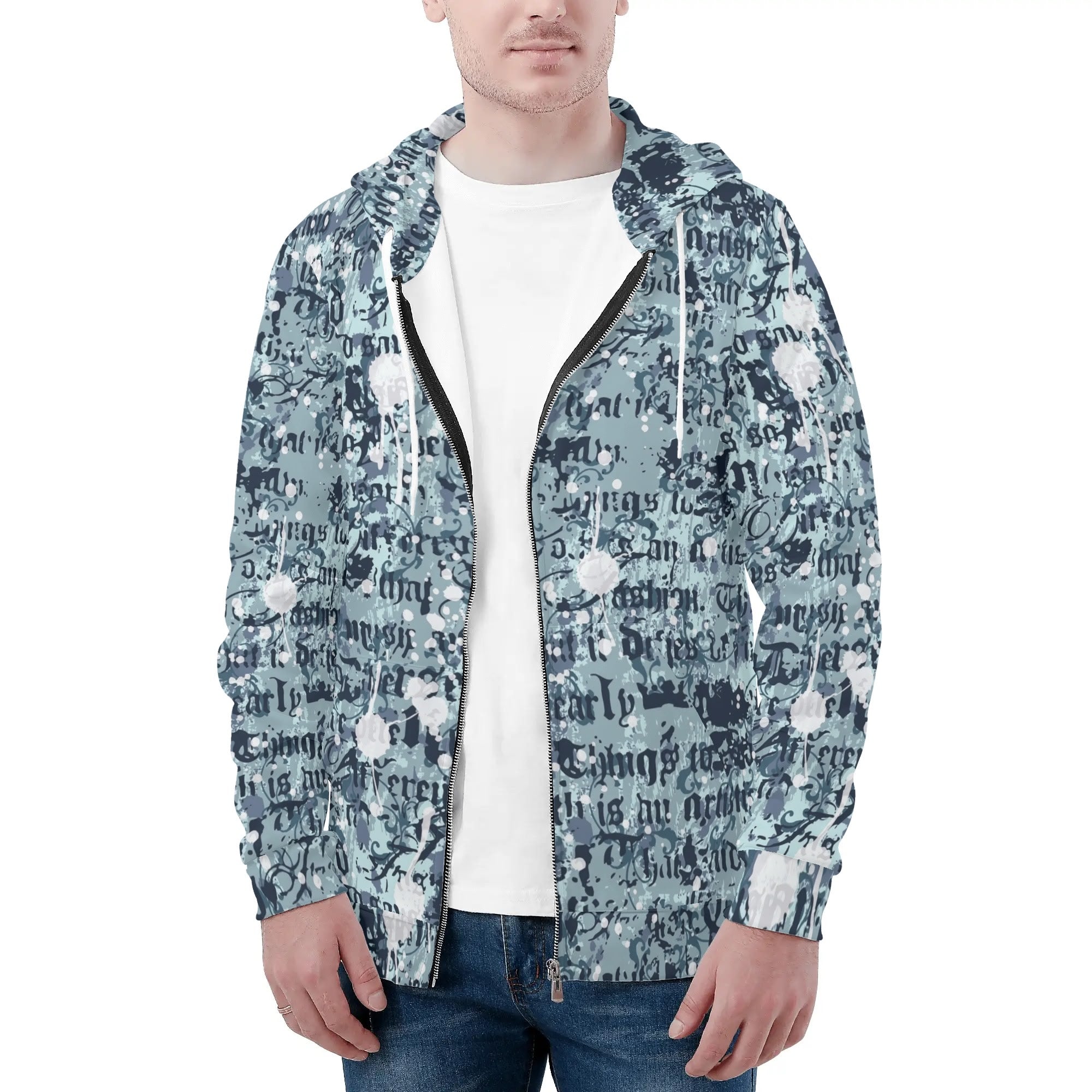 Men's Allover Print Zip-Up Hoodie - Blue Gothic