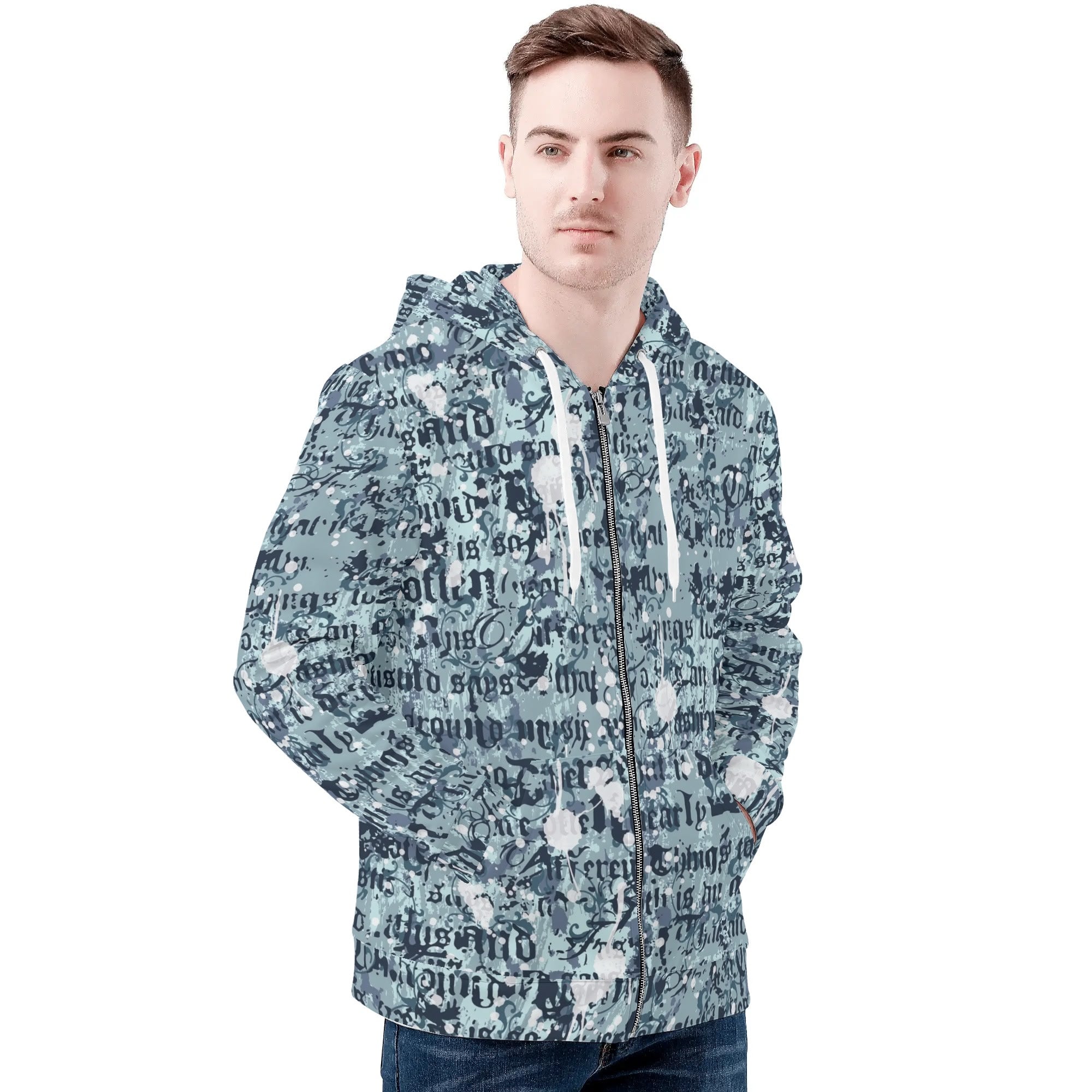 Men's Allover Print Zip-Up Hoodie - Blue Gothic