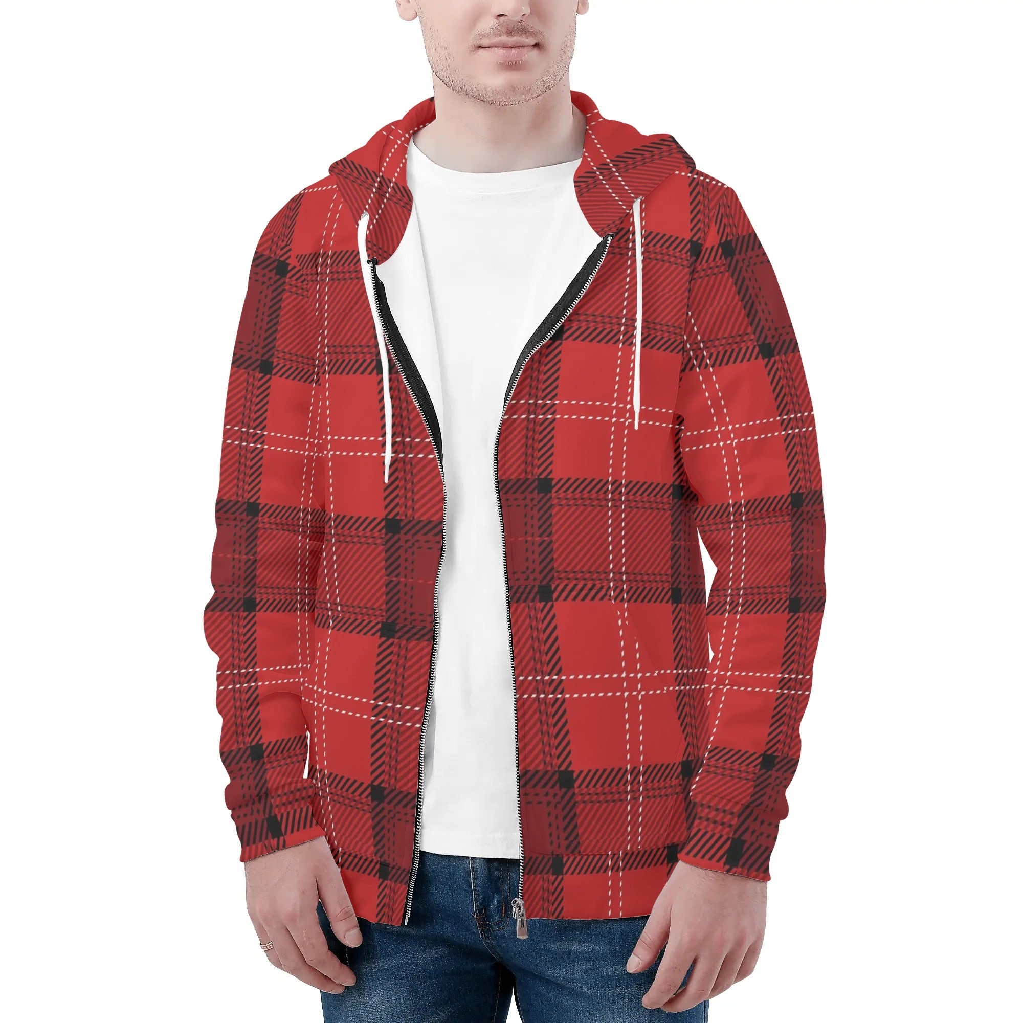 Men's Allover Print Zip-Up Hoodie - Red Plaid